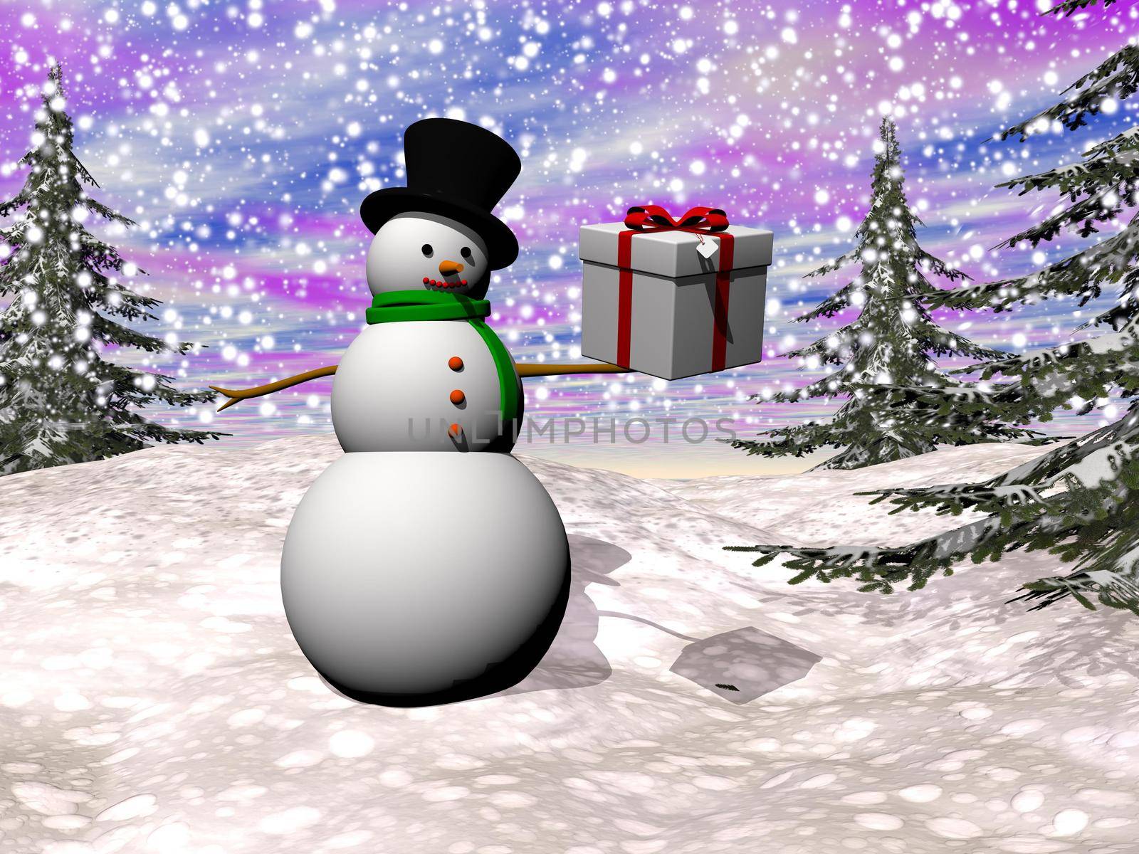 One snowman standing in winter landscape, holding a gift box with falling snow covering mountains and fir trees by beautiful sunset light