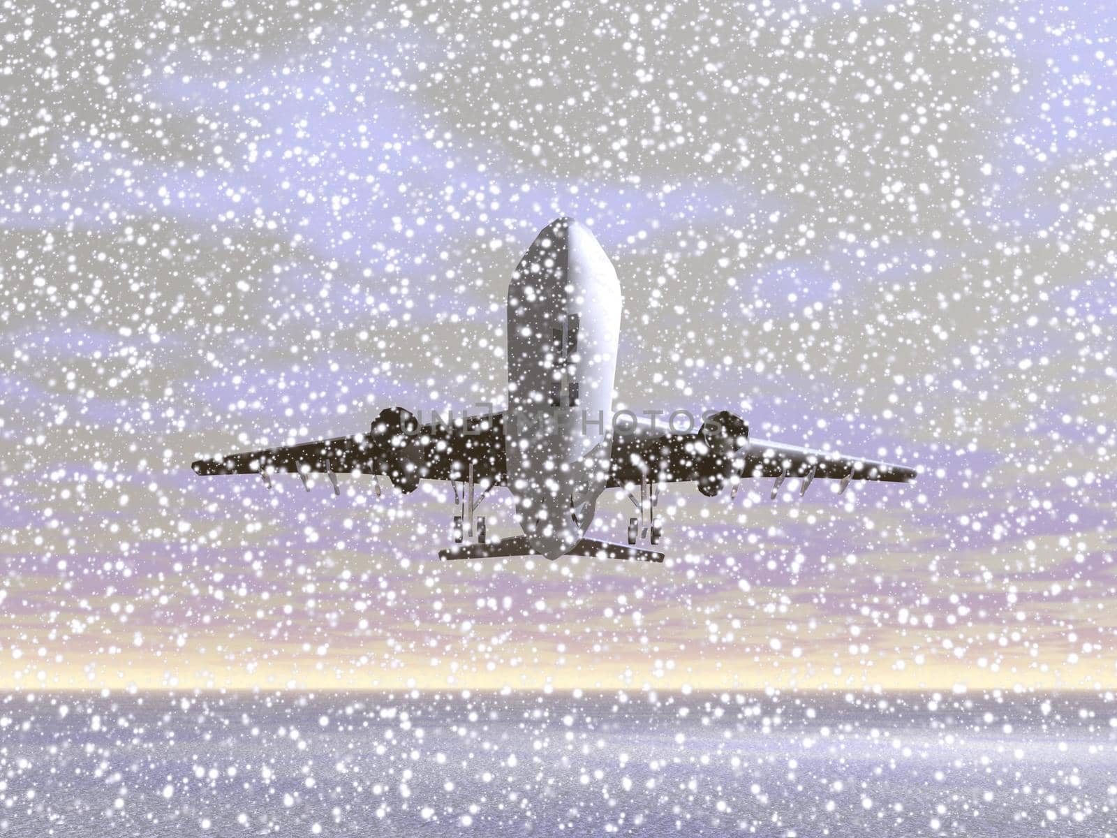 White aircraft taking off or landing by winter snowing weather