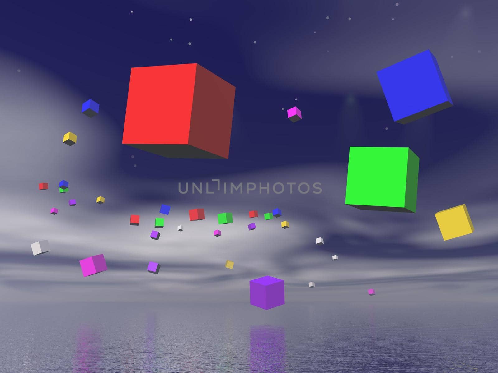 Many colorful cubes flying upon the water by beautiful night
