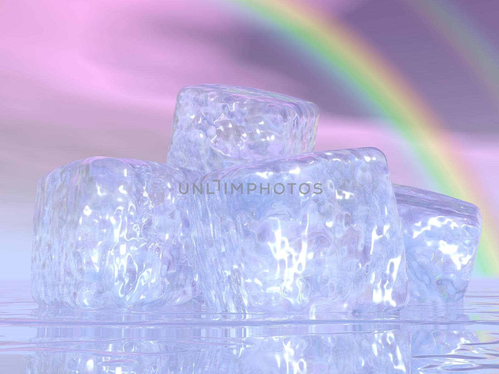 Close up on many ice cubes in front of beautiful rainbow