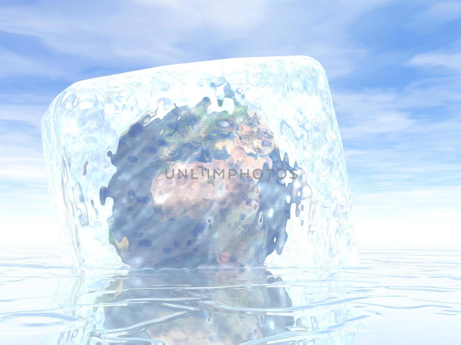 Earth planet imprisoned in an ice cube on water by beautiful day