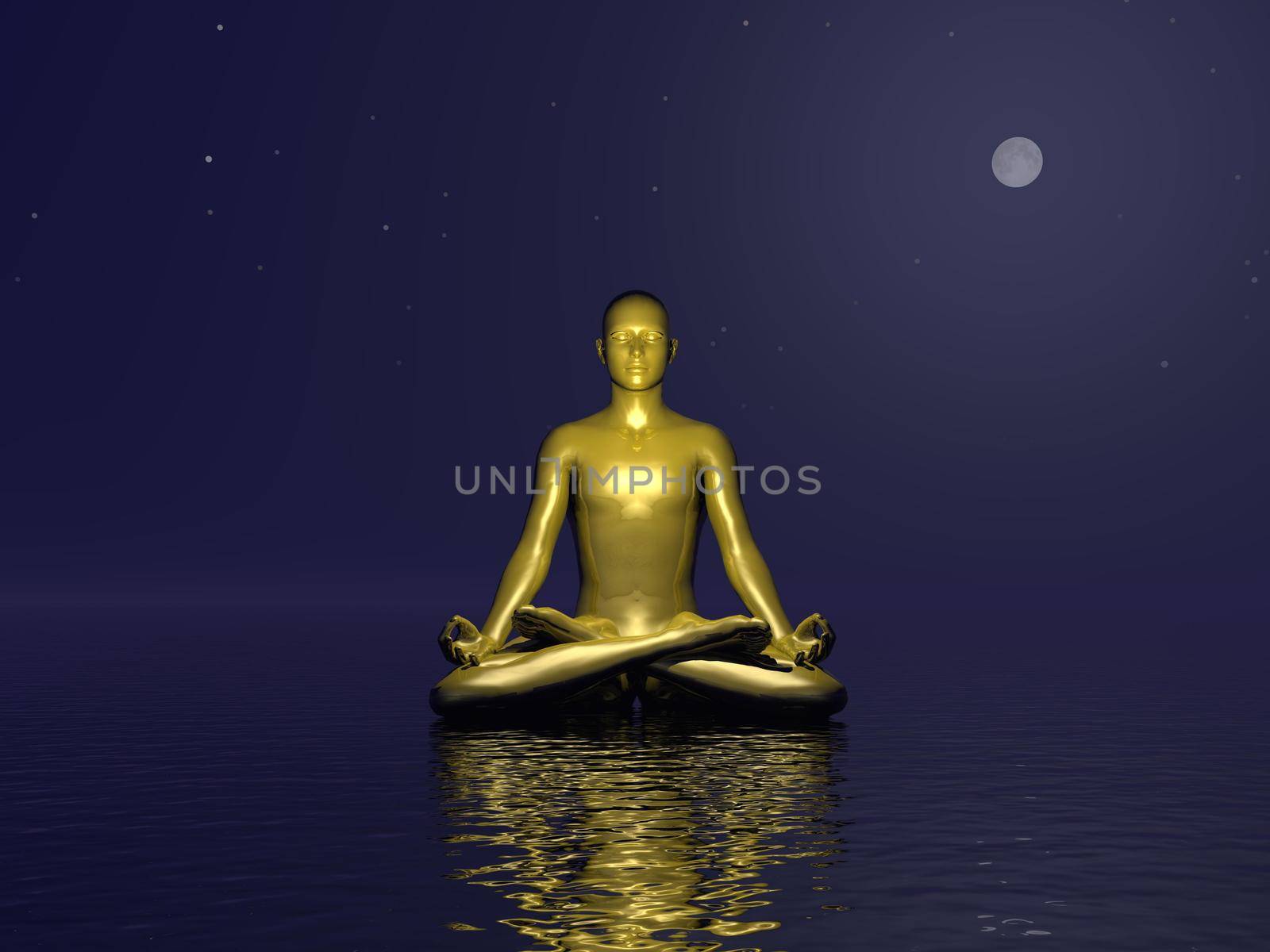 Golden man meditating on quiet water by dark night with full moon