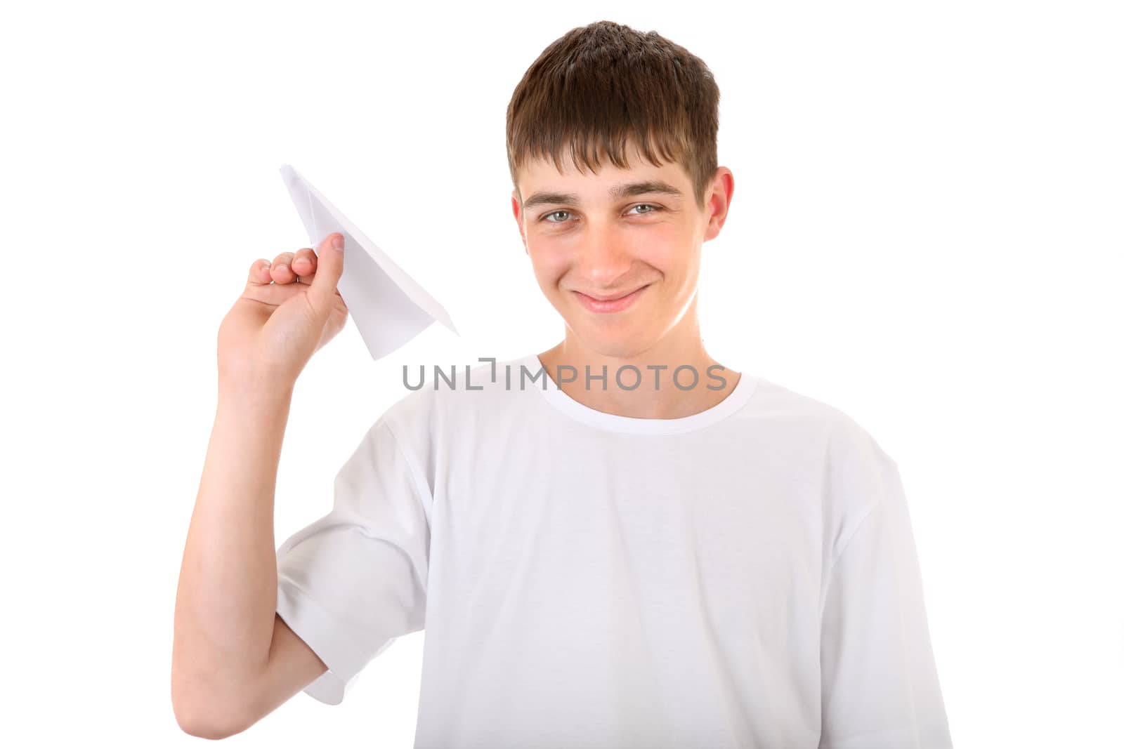 Happy Teenager with Paper Plane Isolated on the White Background