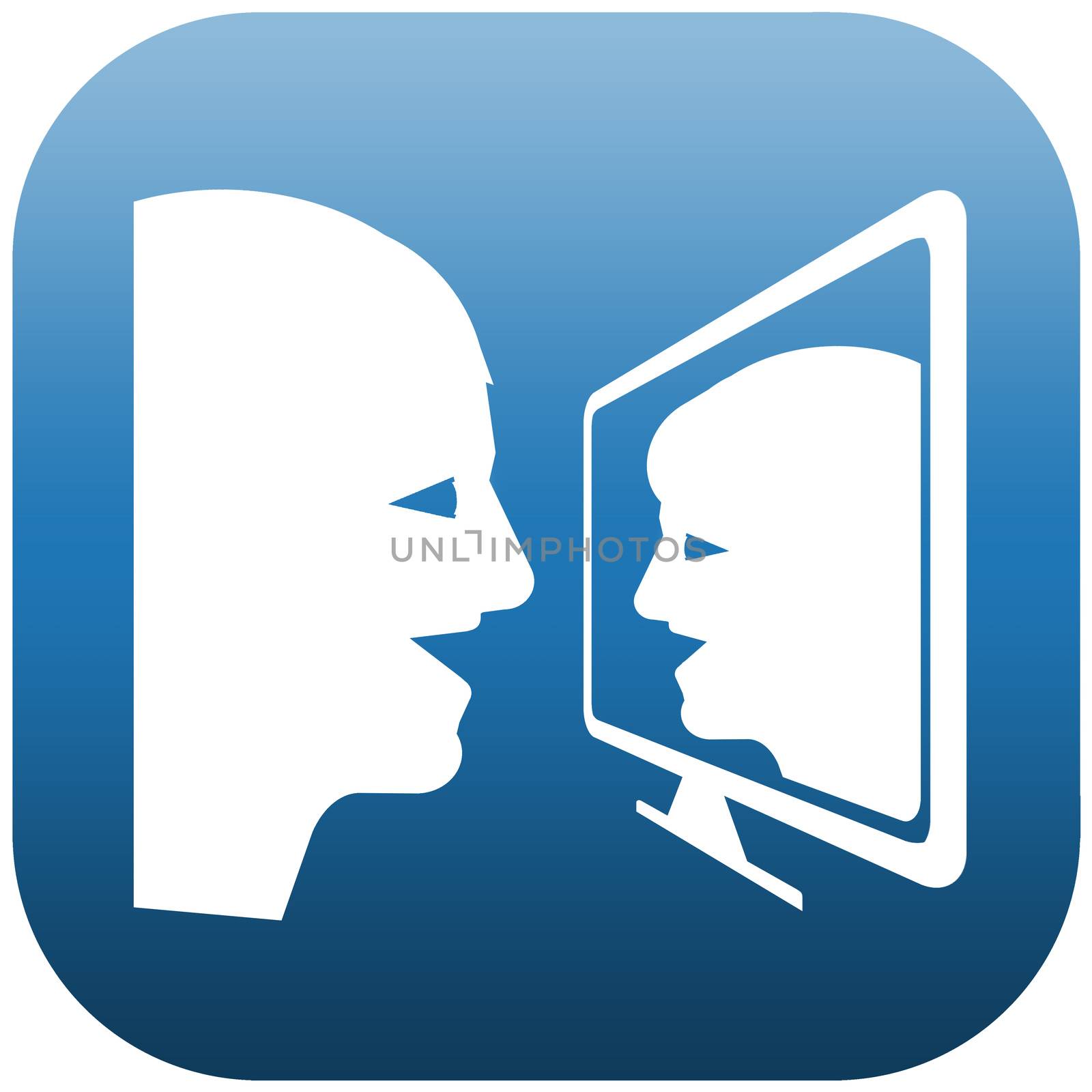 Blue and white icon illustration of two people doing chat on a screen