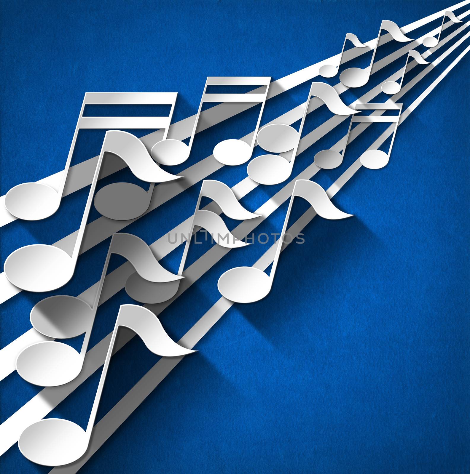 White and gray musical notes and stave on blue velvet background with shadows