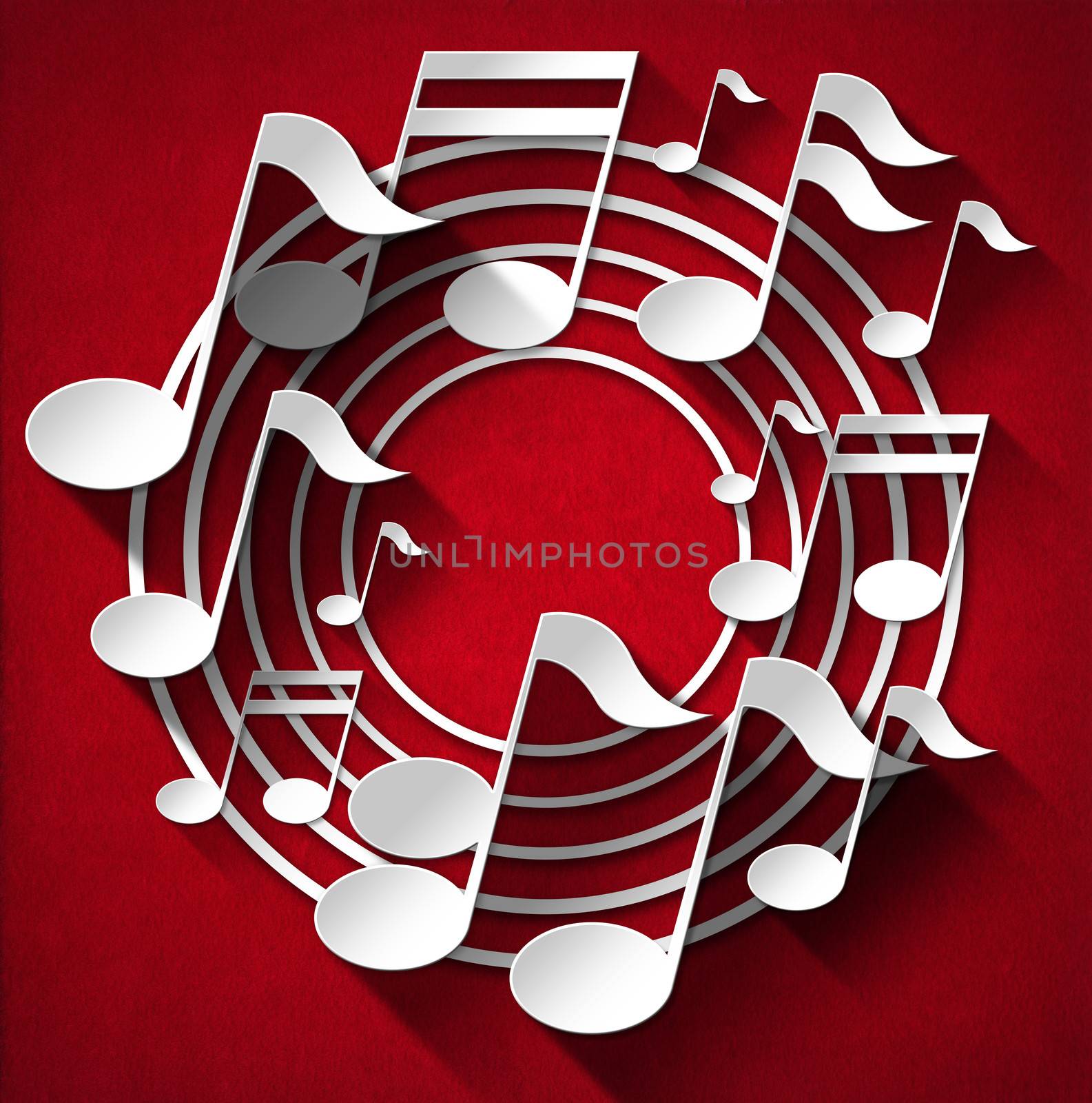 White and gray musical notes and stave on red velvet background with shadows