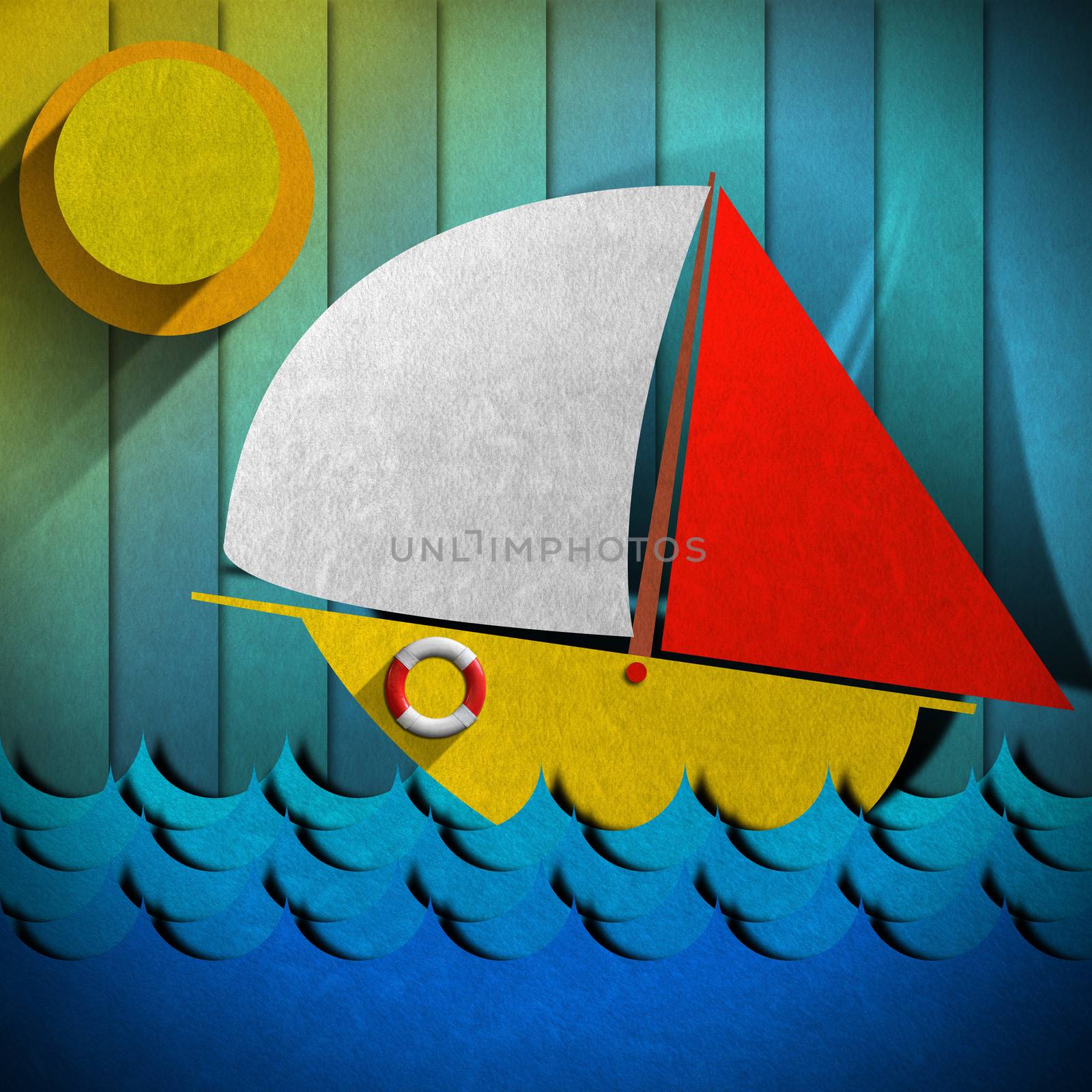 Stylized seascape with sailboat, waves, sky and sun - Drawing with colored fabric