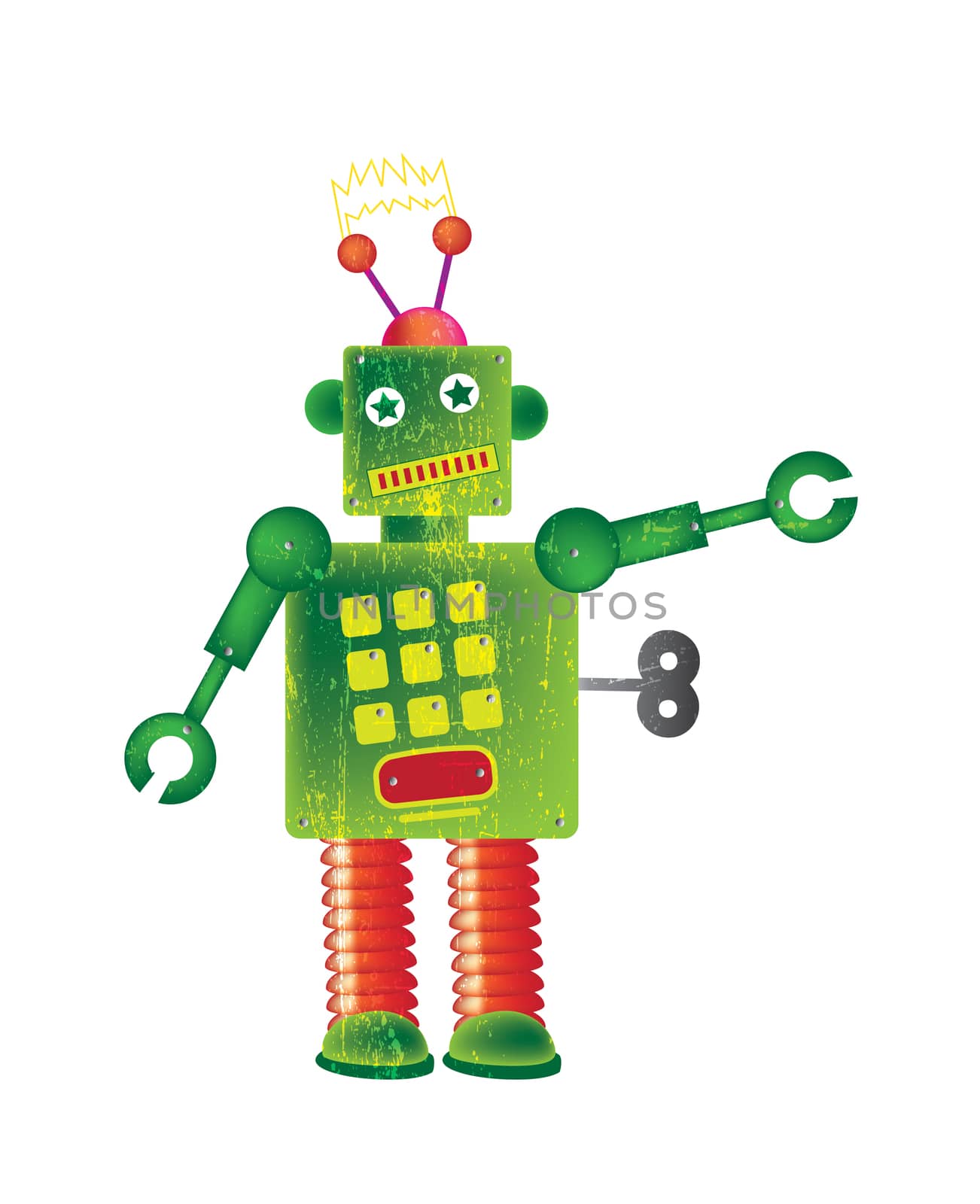 A single square shaped robot set on a white isolated background on a portrait format image with a grunge style effect applied.