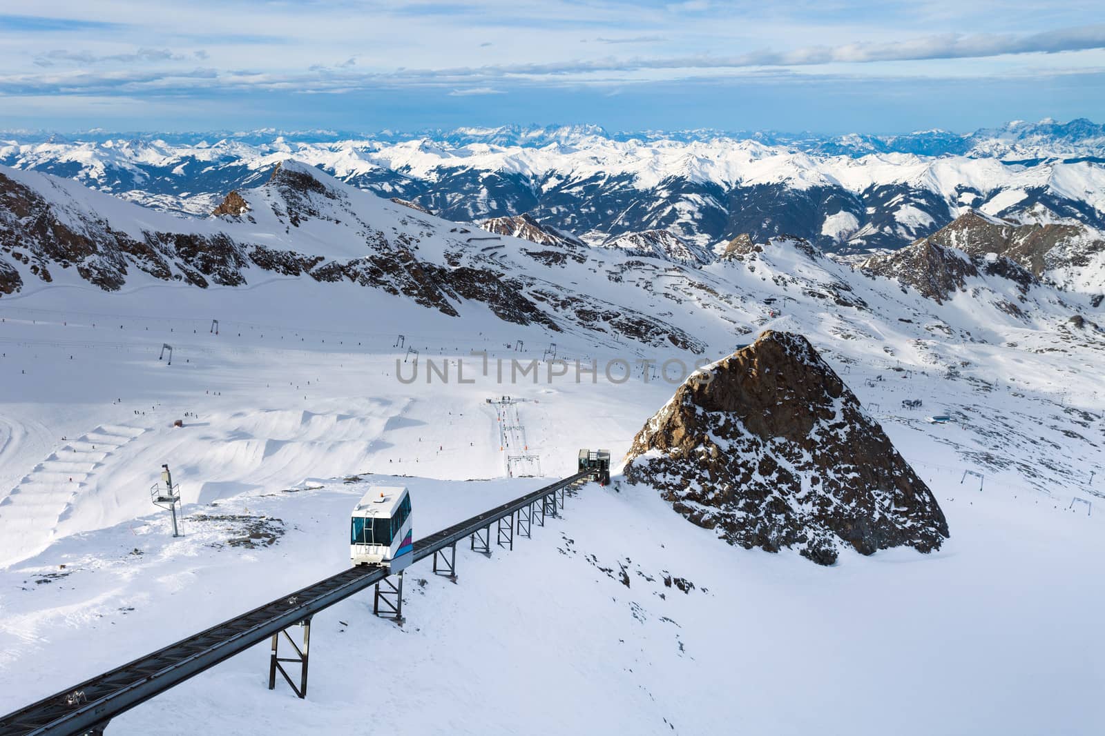 Winter with ski slopes of kaprun resort next to kitzsteinhorn peak in austrian alps