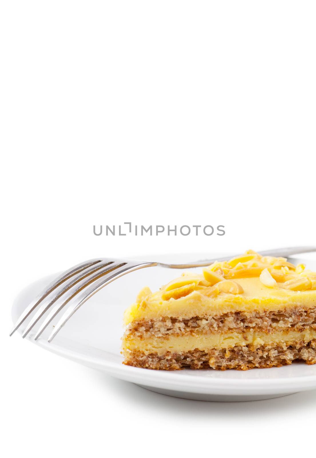 Closeup view of piece of sweet pie and fork on a white plate