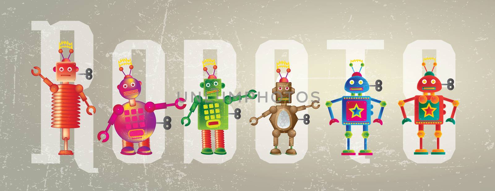 Six colorful robots set on a grunge style background set against the word Robot.