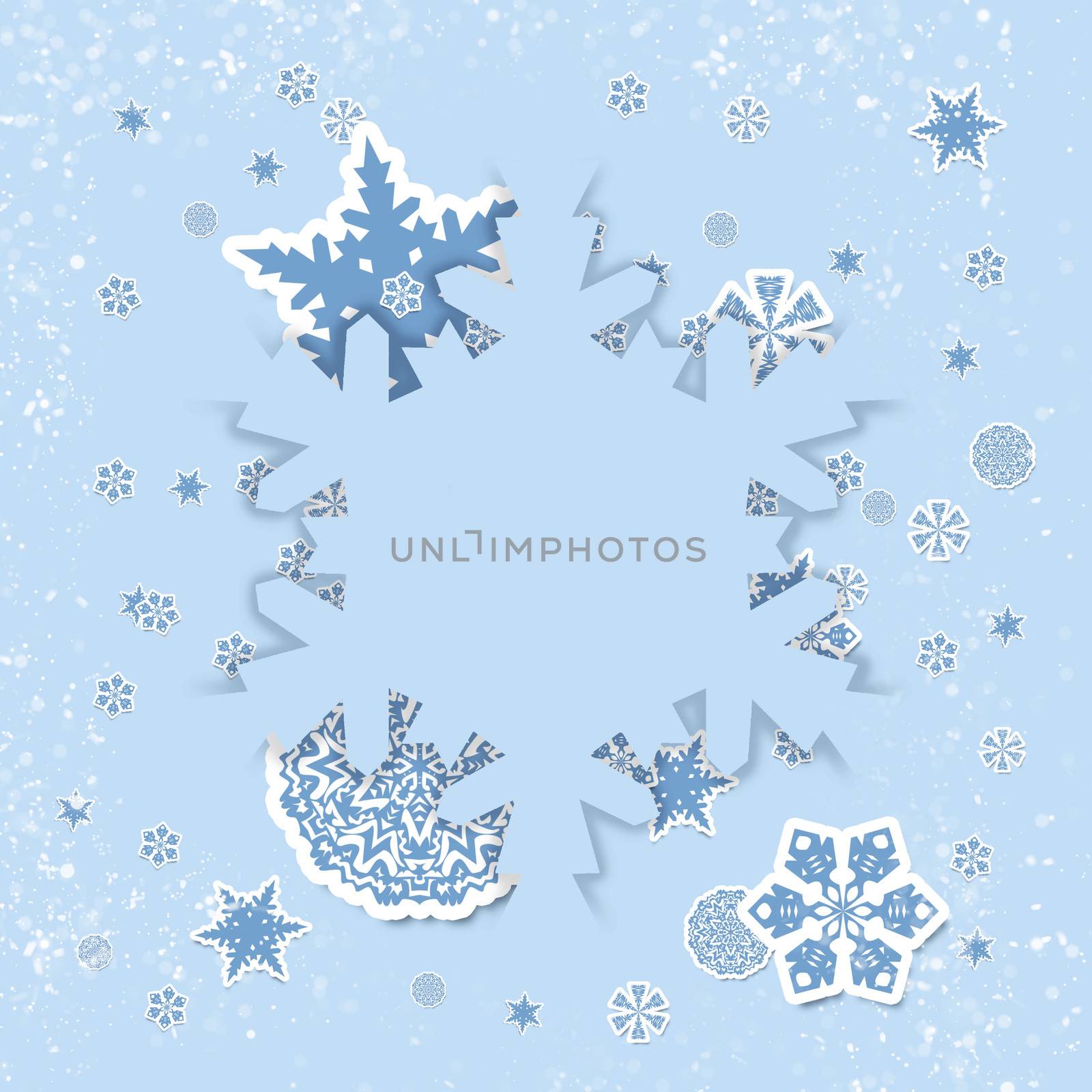 Christmas card. White snowflakes on a blue background