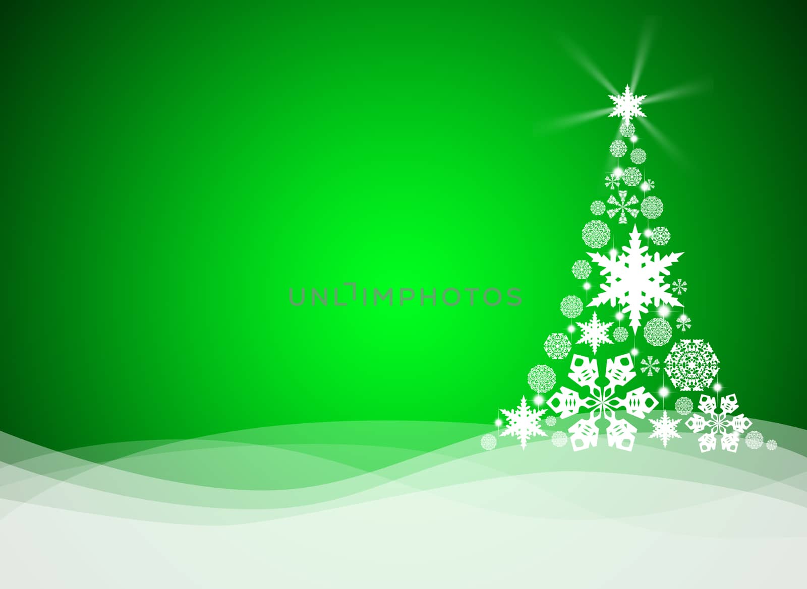 Christmas tree from white snowflakes on green background