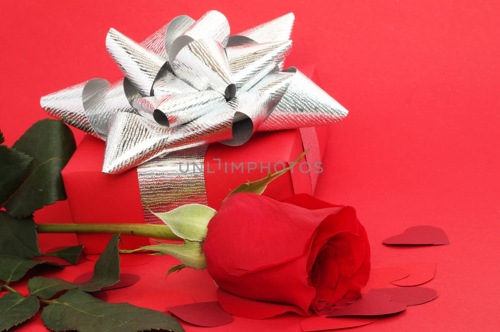 Valentines Day gift in box with rose and small hearts on red background