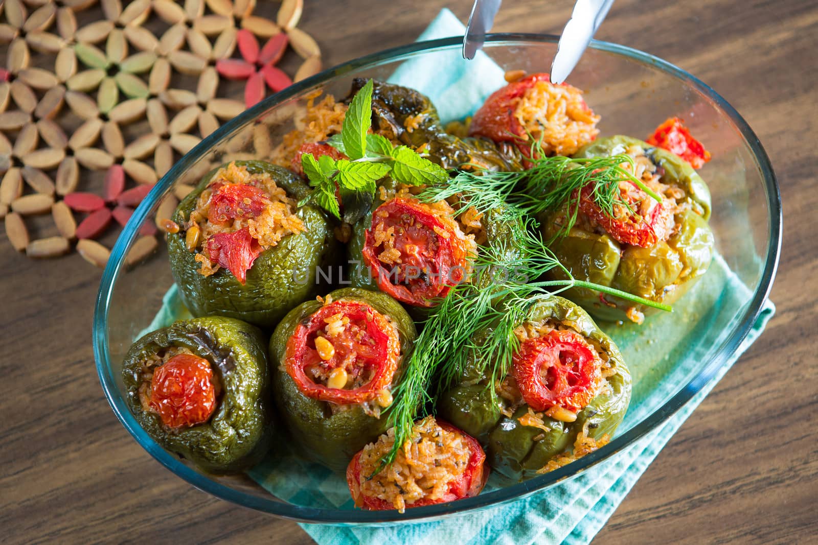 Turkish Stuffed green bell pepper dolma's ready to serve