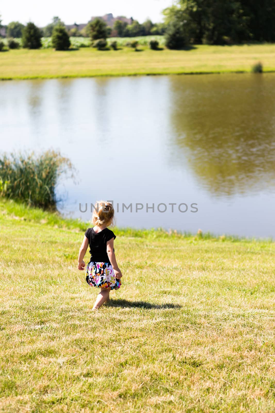 Little Toddler Girl Walking by the Pond Peacefully by coskun