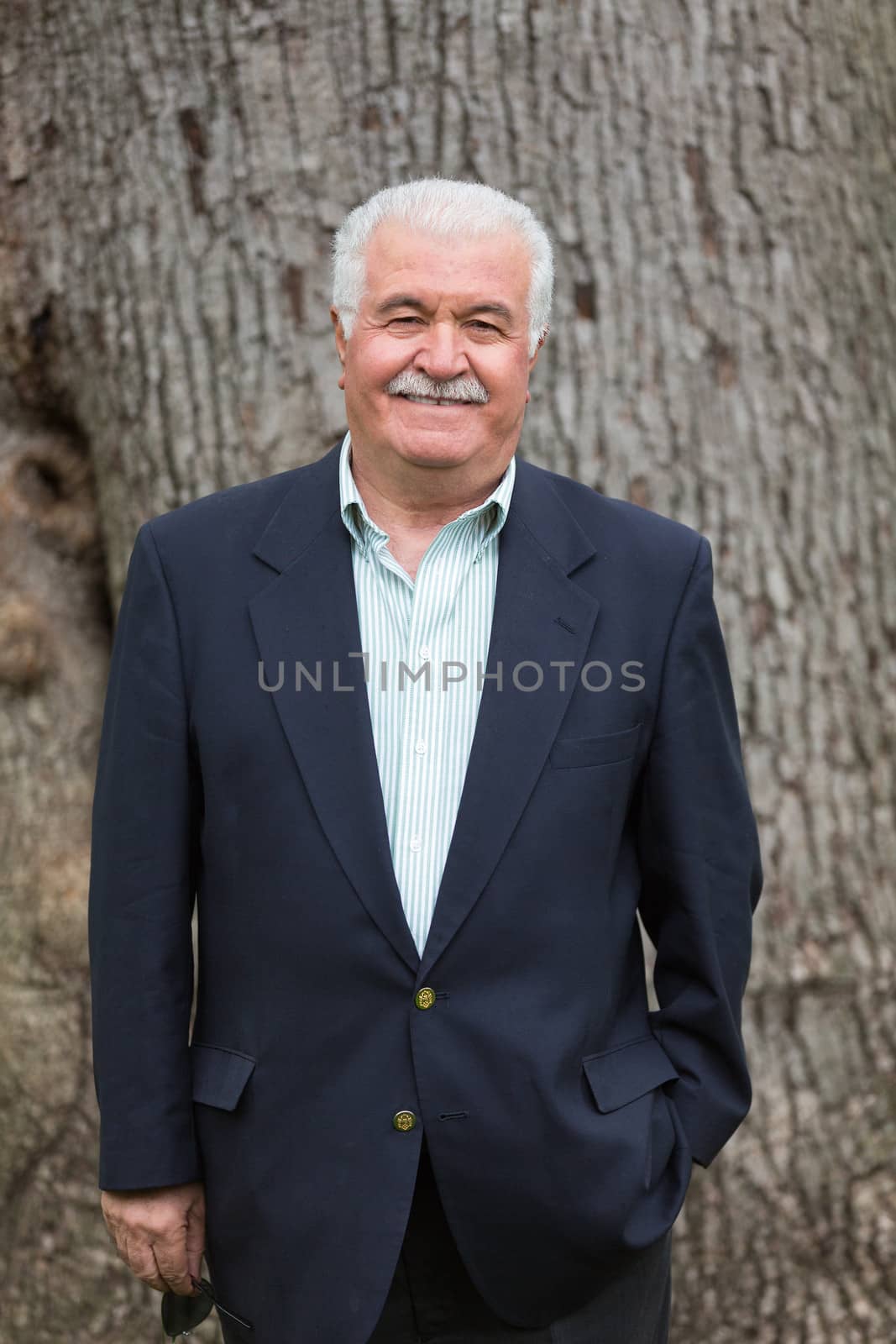 Senior adult looking at you smiling and satisfactorily in-front of huge tree trunk
