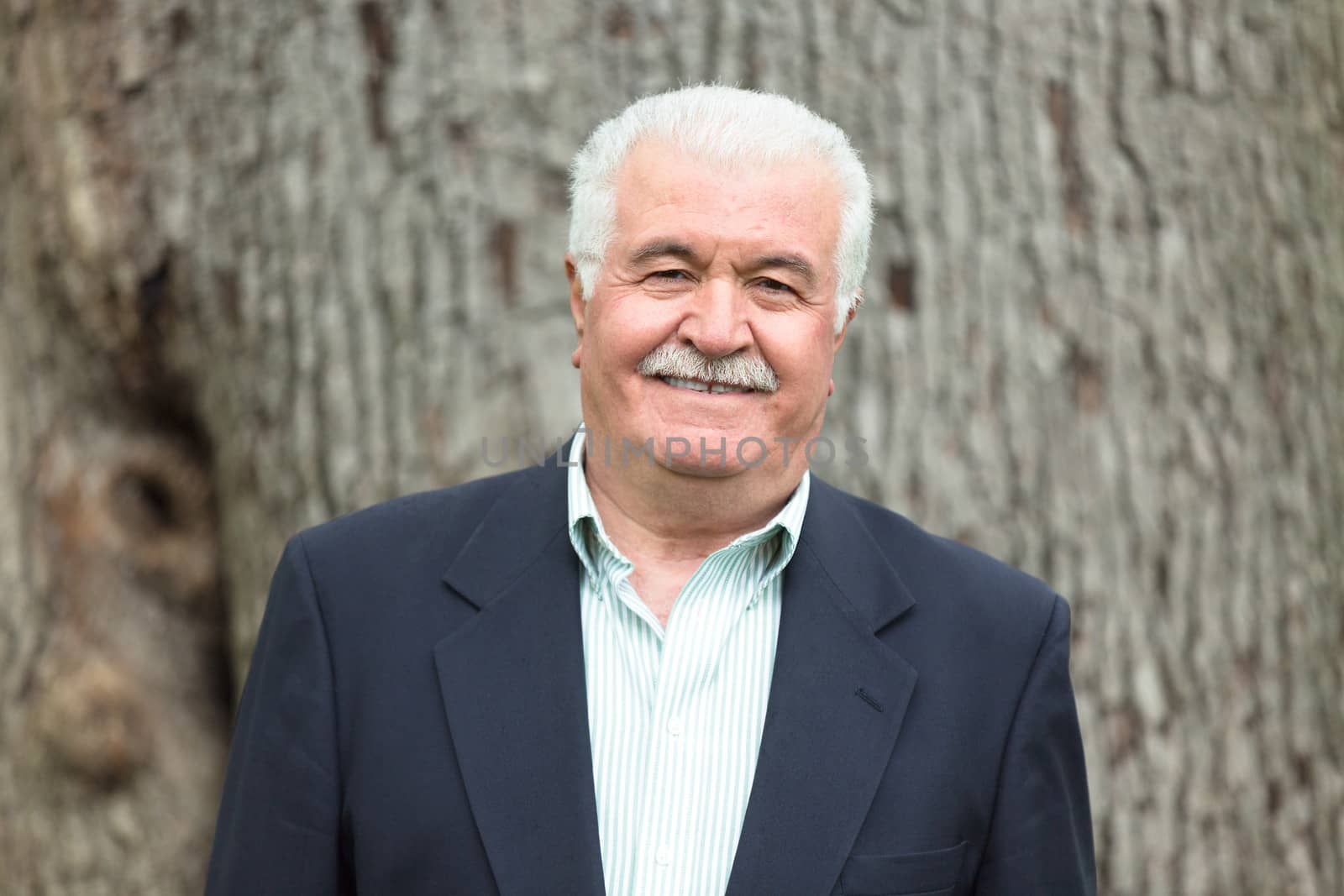 Senior adult looking at you smiling and satisfactorily in-front of big tree trunk