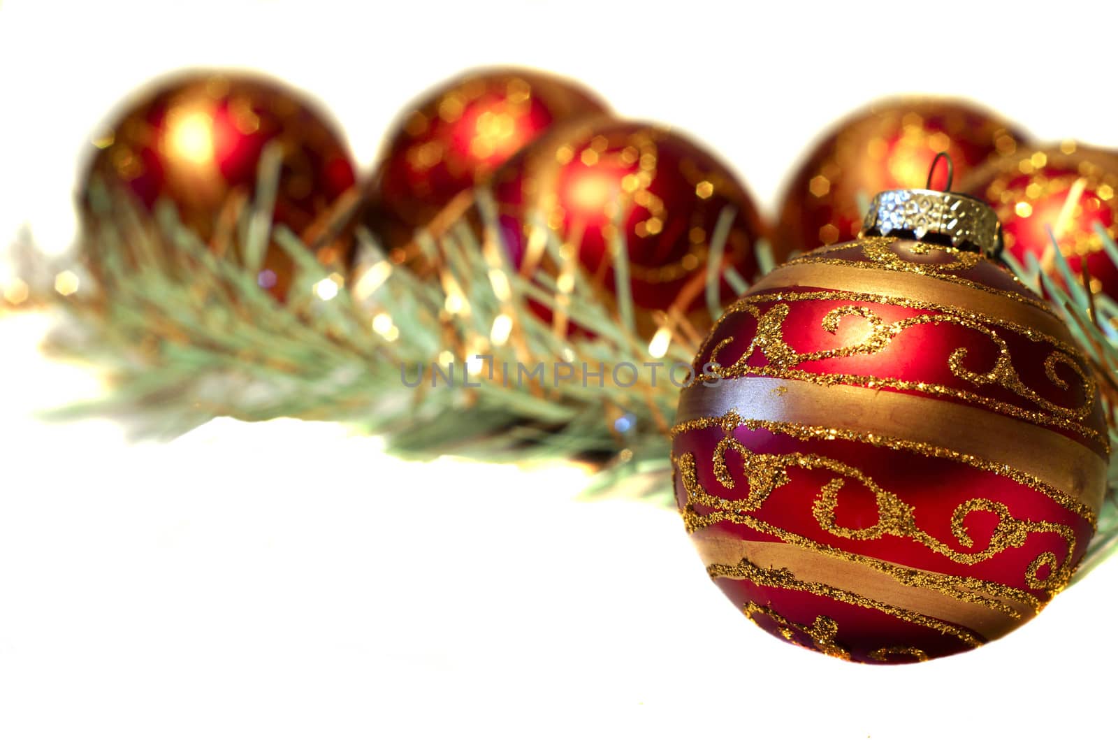 Composition of red Christmas balls with golden pattern