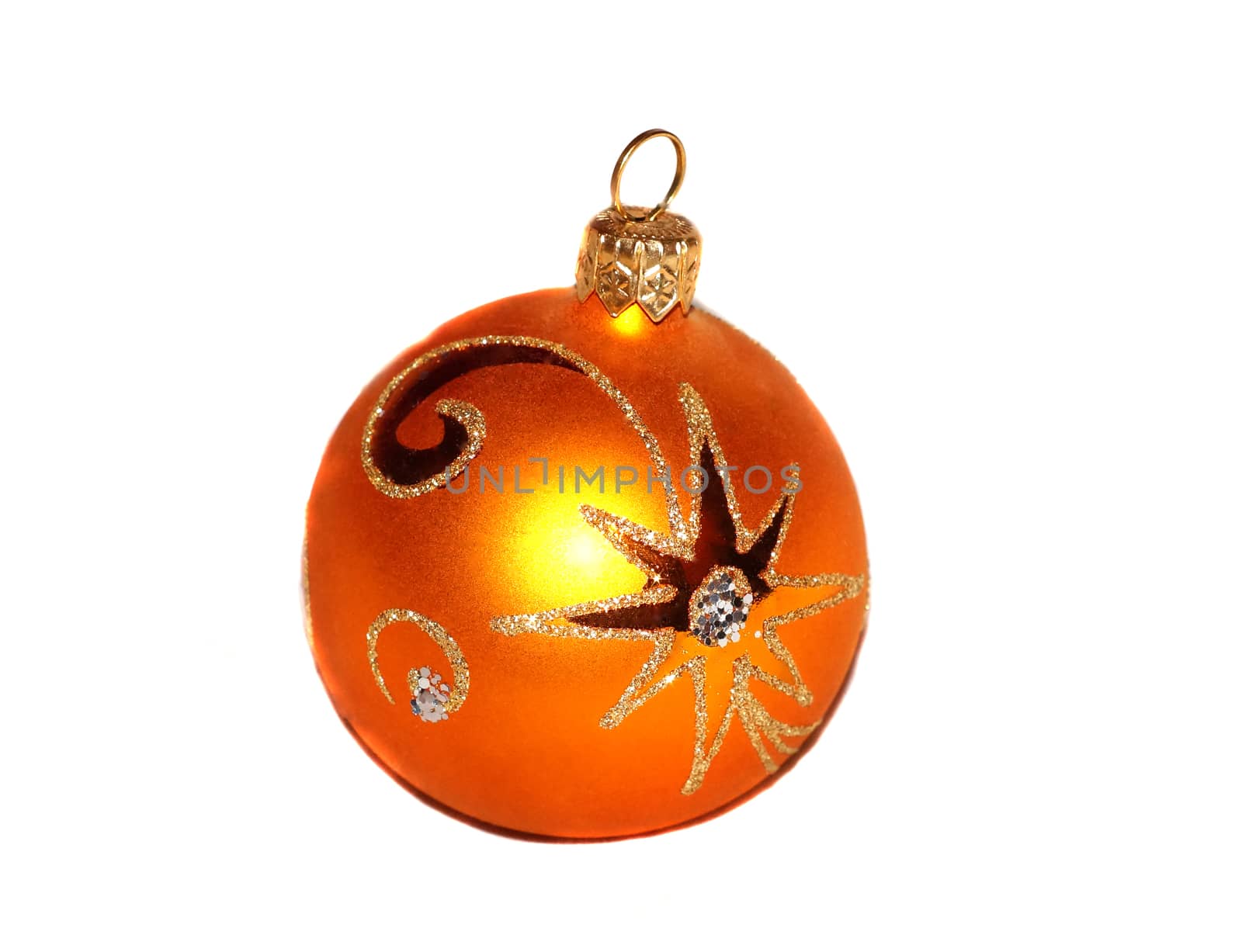 One orange Christmas ball with golden pattern                          