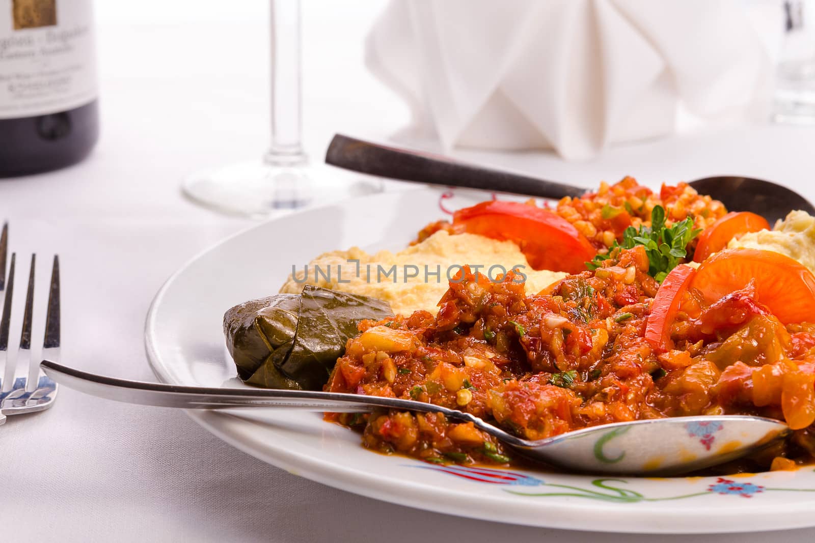 Appetizer Sampler Plate with Turkish Ezme, Hummus, Babaganoush a by coskun