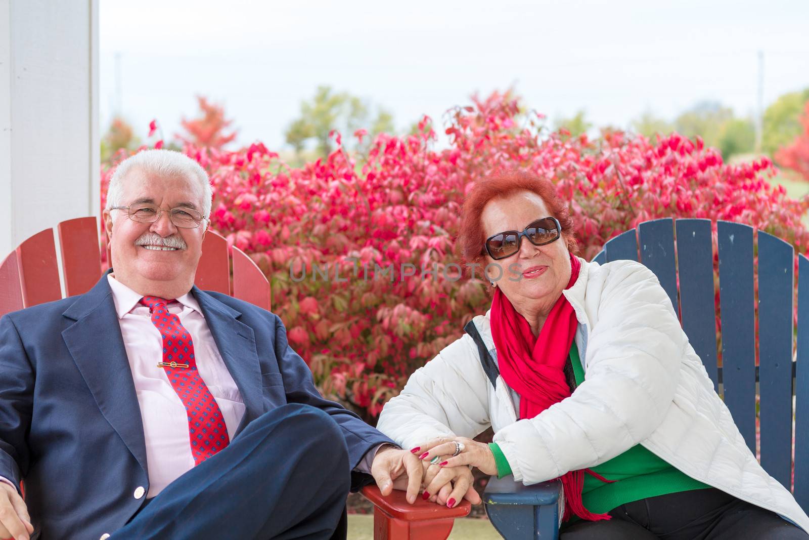 Happy and romantic senior couple smiling at you genuinely, sitting on beach chairs autumn times and burning bushes behind them