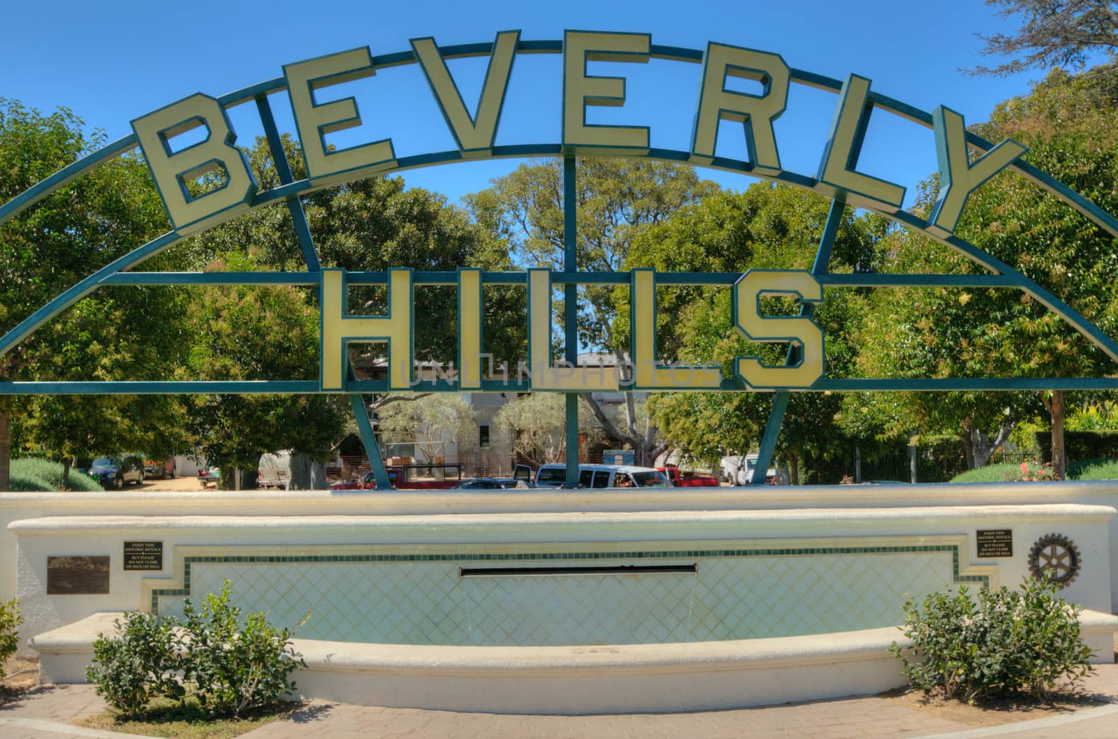 Beverly Hills sign on rodeo drive view into the Los Angeles hills