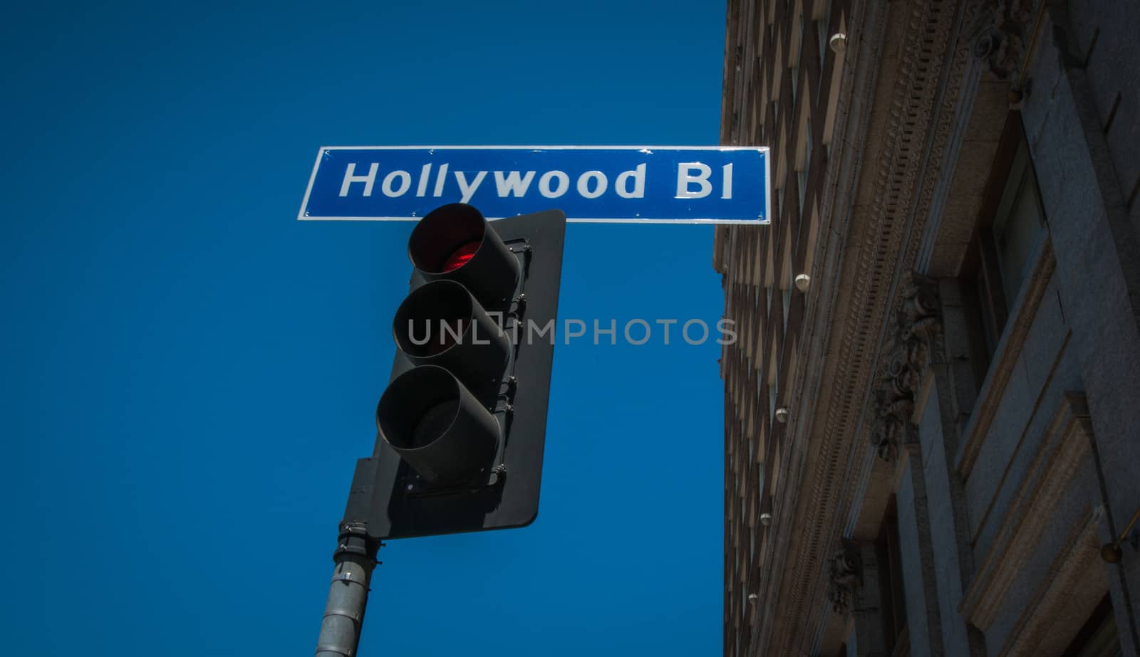 Hollywood  Boulevart street sign with traffic lights 2013