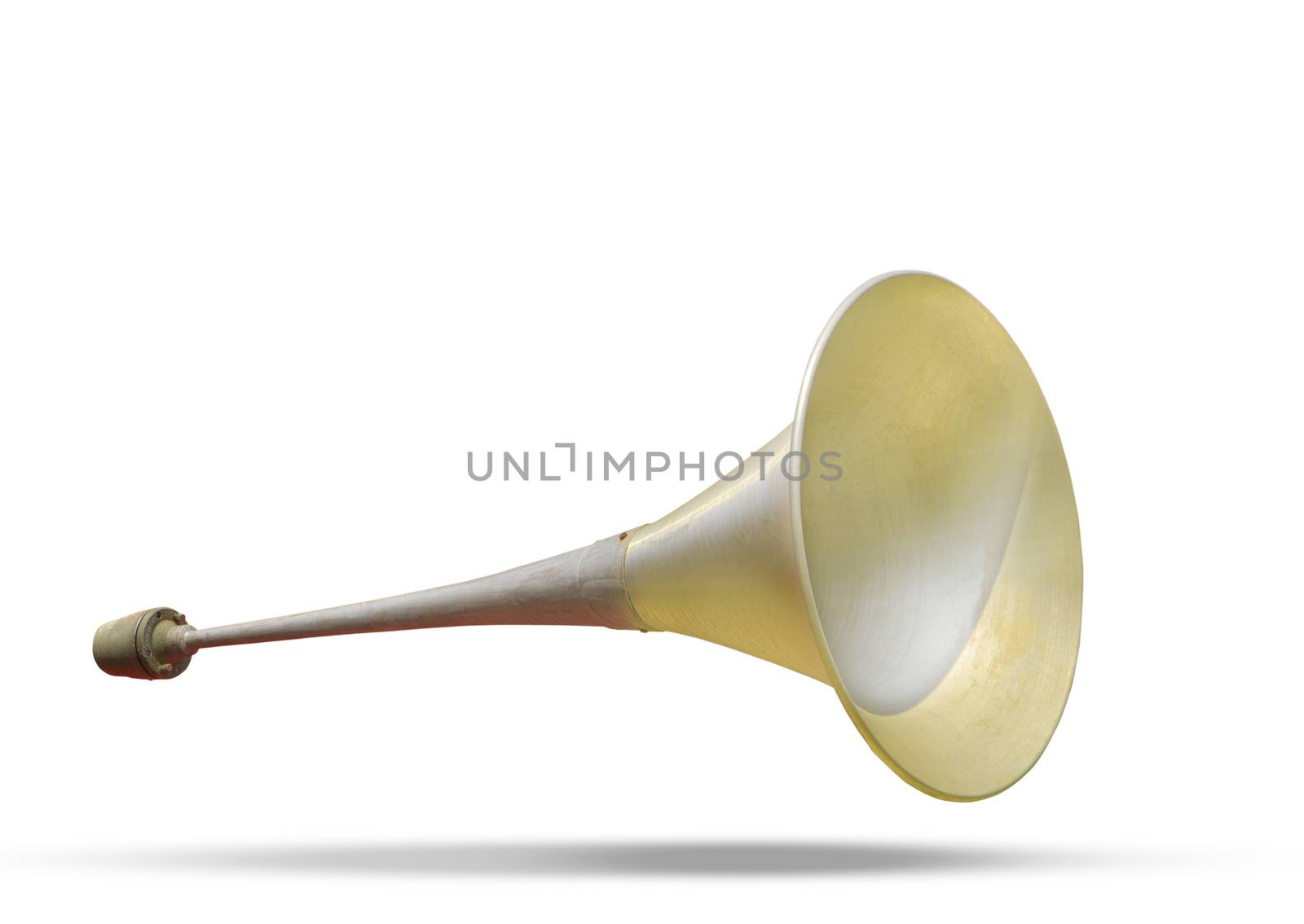 brass metal announcement horn on white background with soft shadow use as multipurpose alarm hooter horn vintage and retro style by khunaspix