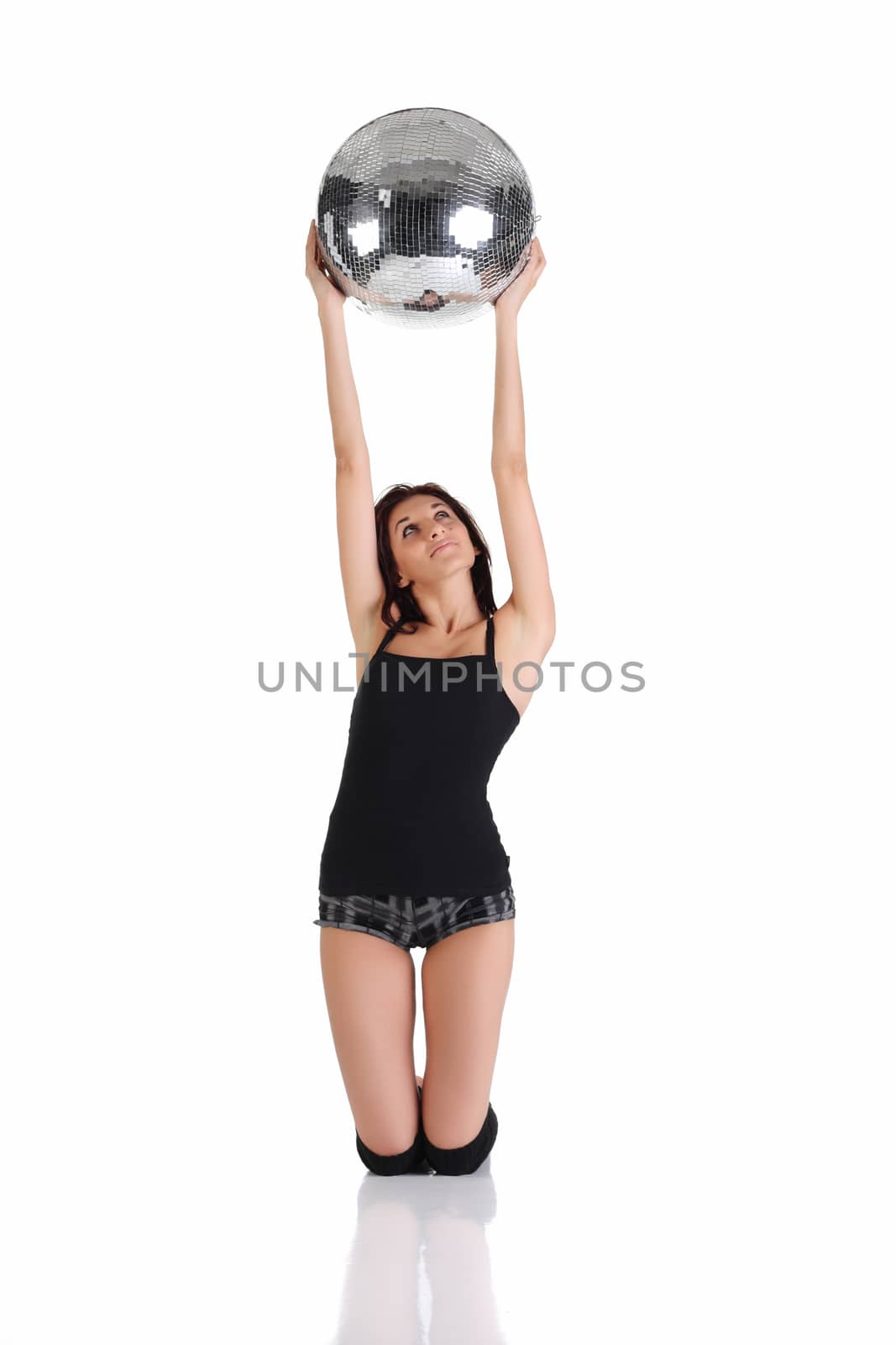 Girl holding disco ball isolated on the white background