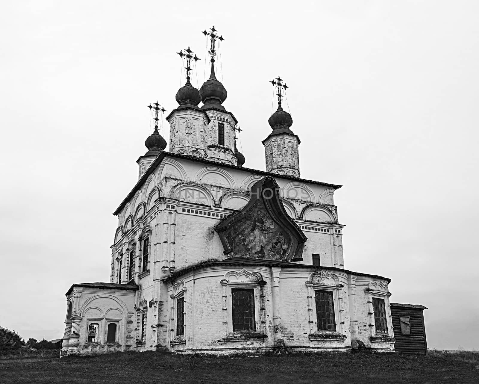 B&W Demetrios Church in Dymkovo Sloboda, Great Ustyug, North Russia. Built in 1700-1708.