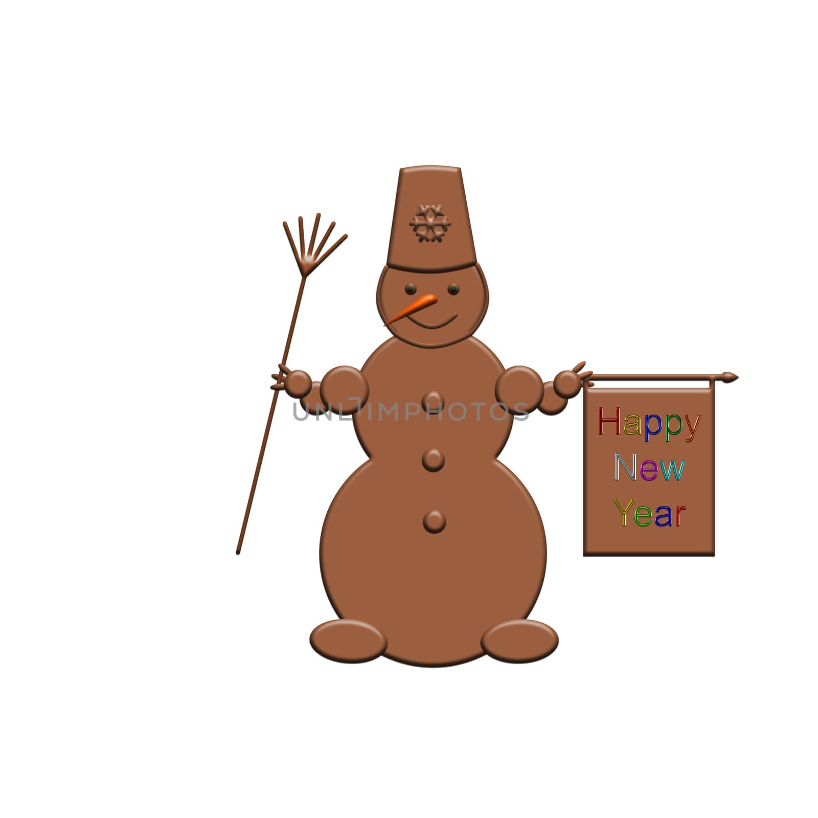 Snowman of chocolate on a white background with a greeting