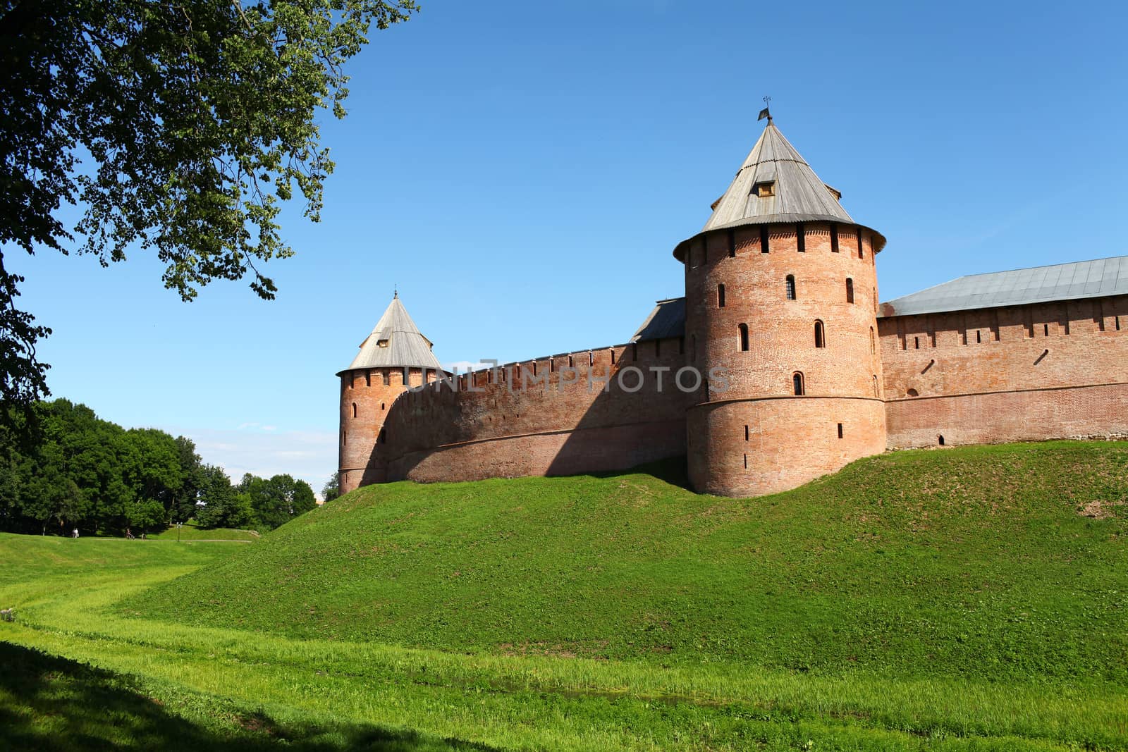 Fortress wall with towers. Novgorod Kremlin. Russia