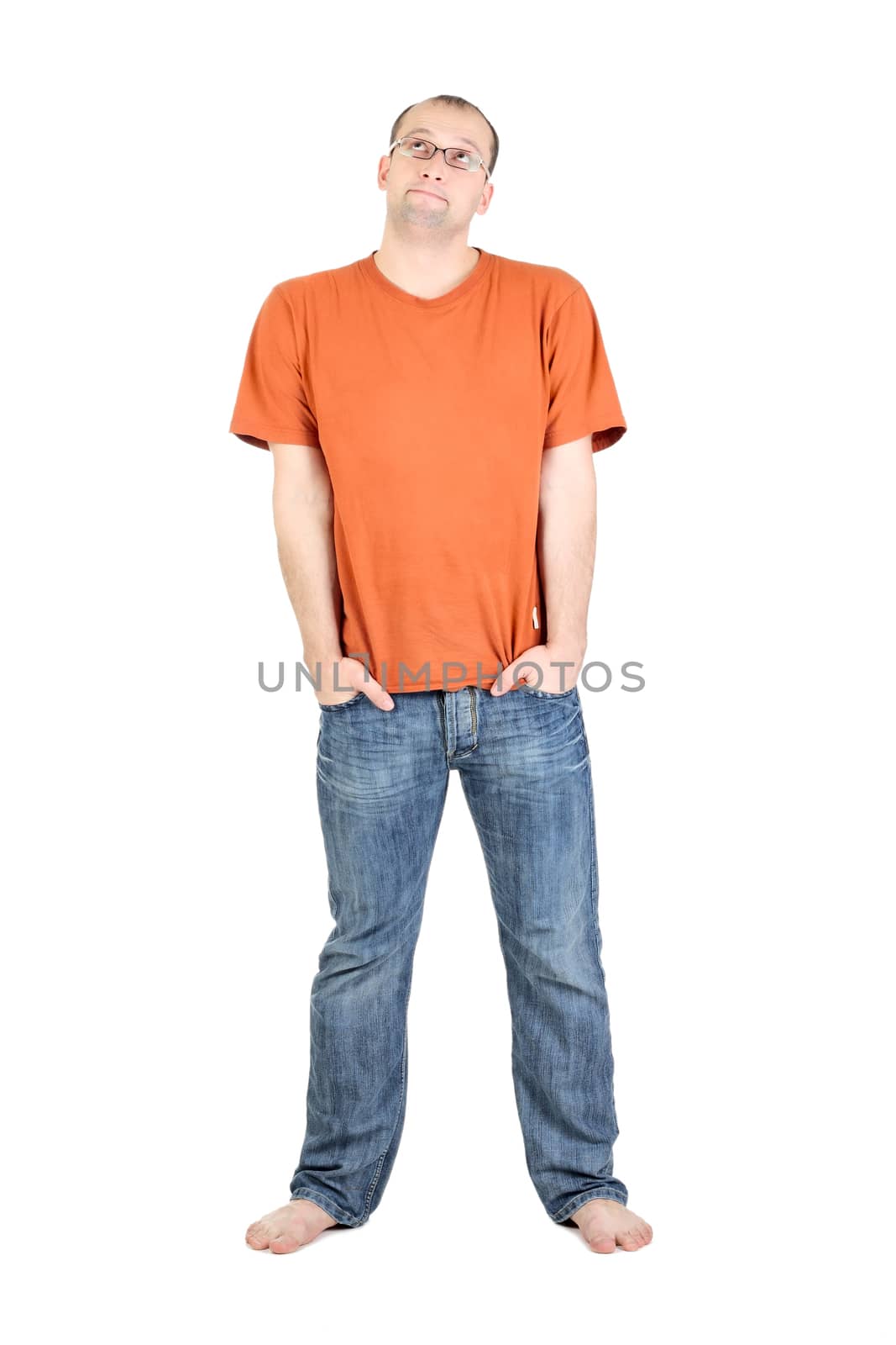 Pensive young man looking isolated on the white