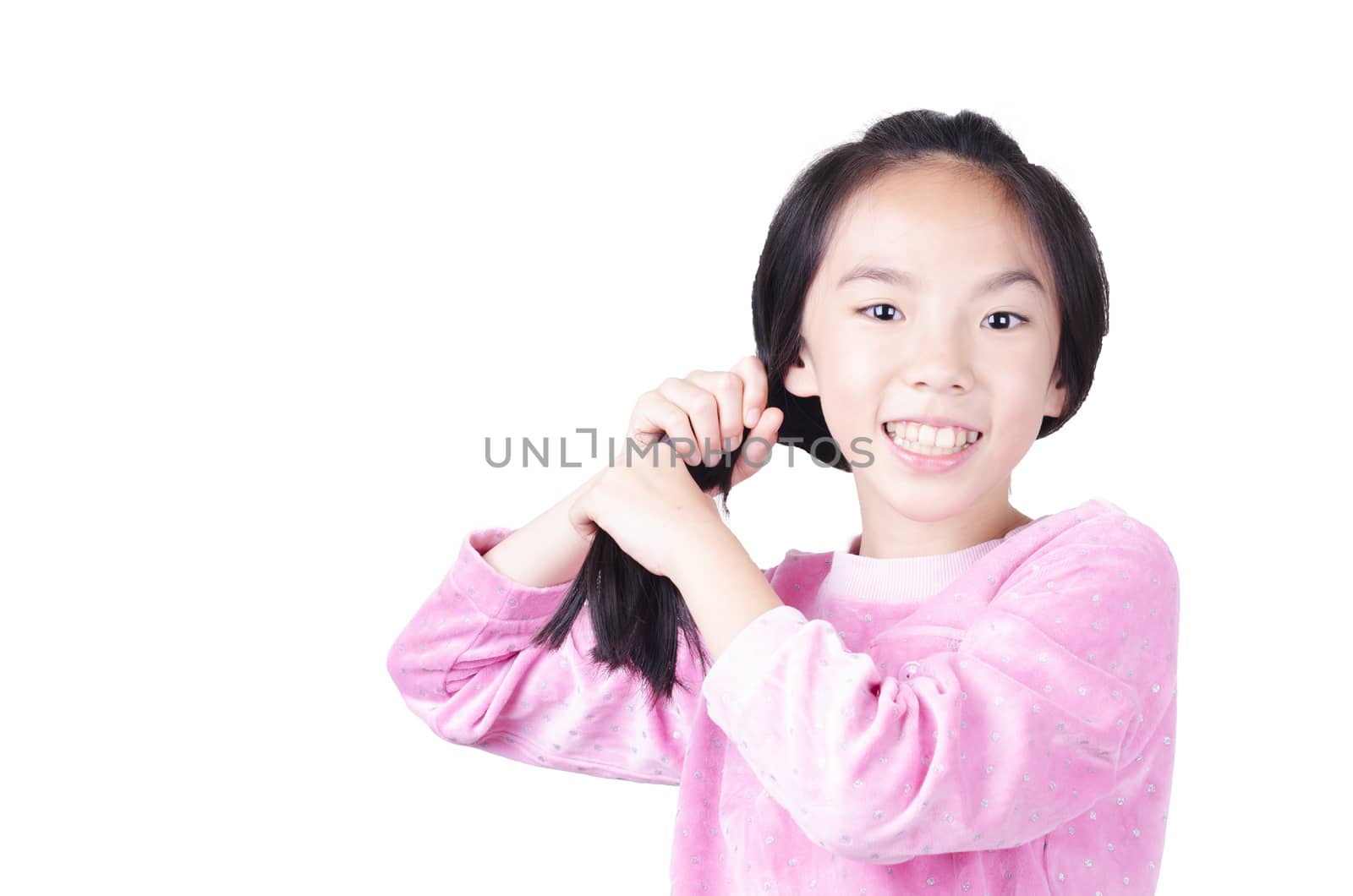 Young girl grab her hair