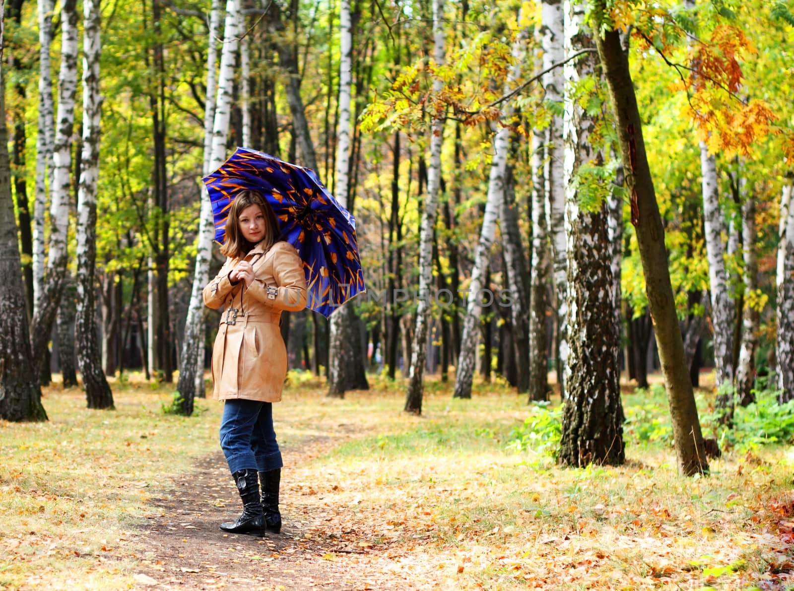 Young women under umbrella in a birch park