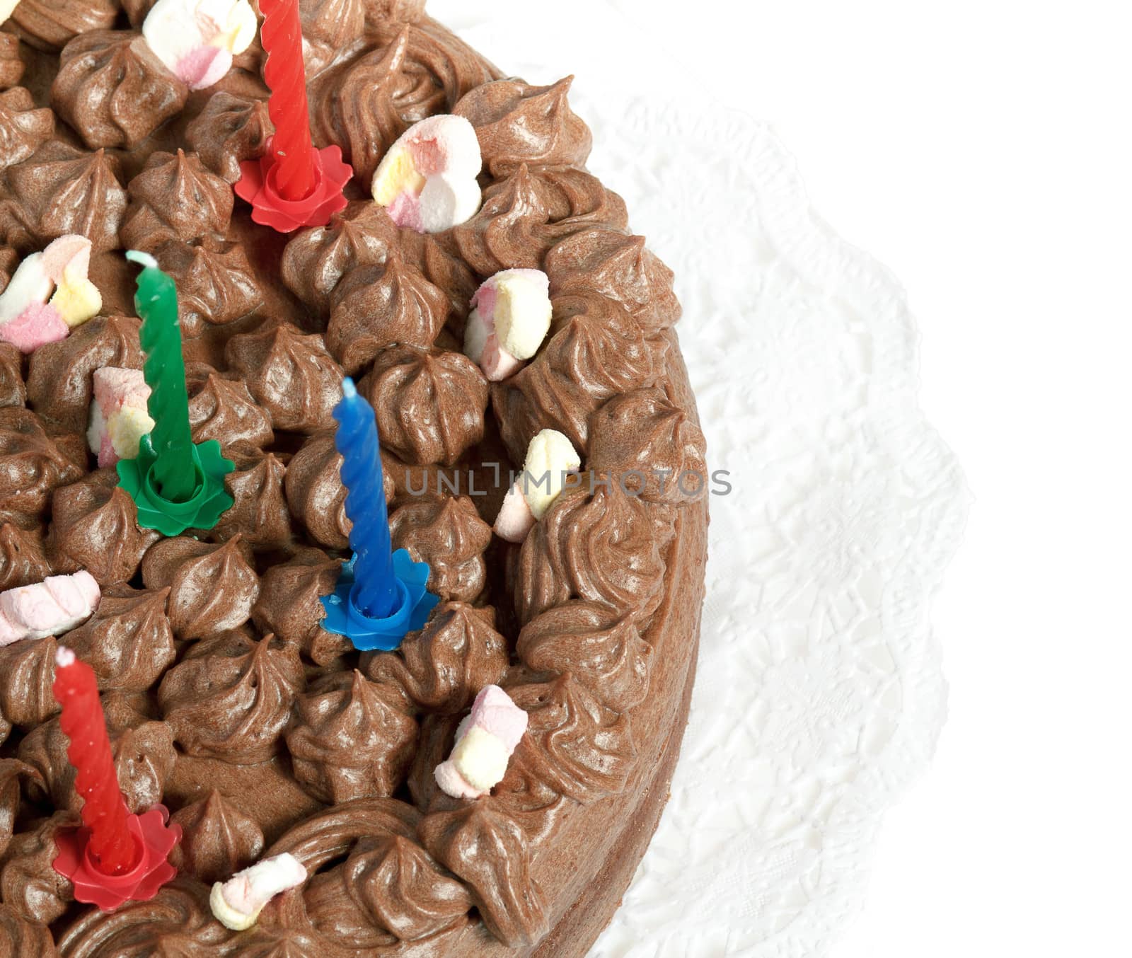 homemade birthday chocolate cake isolated on white