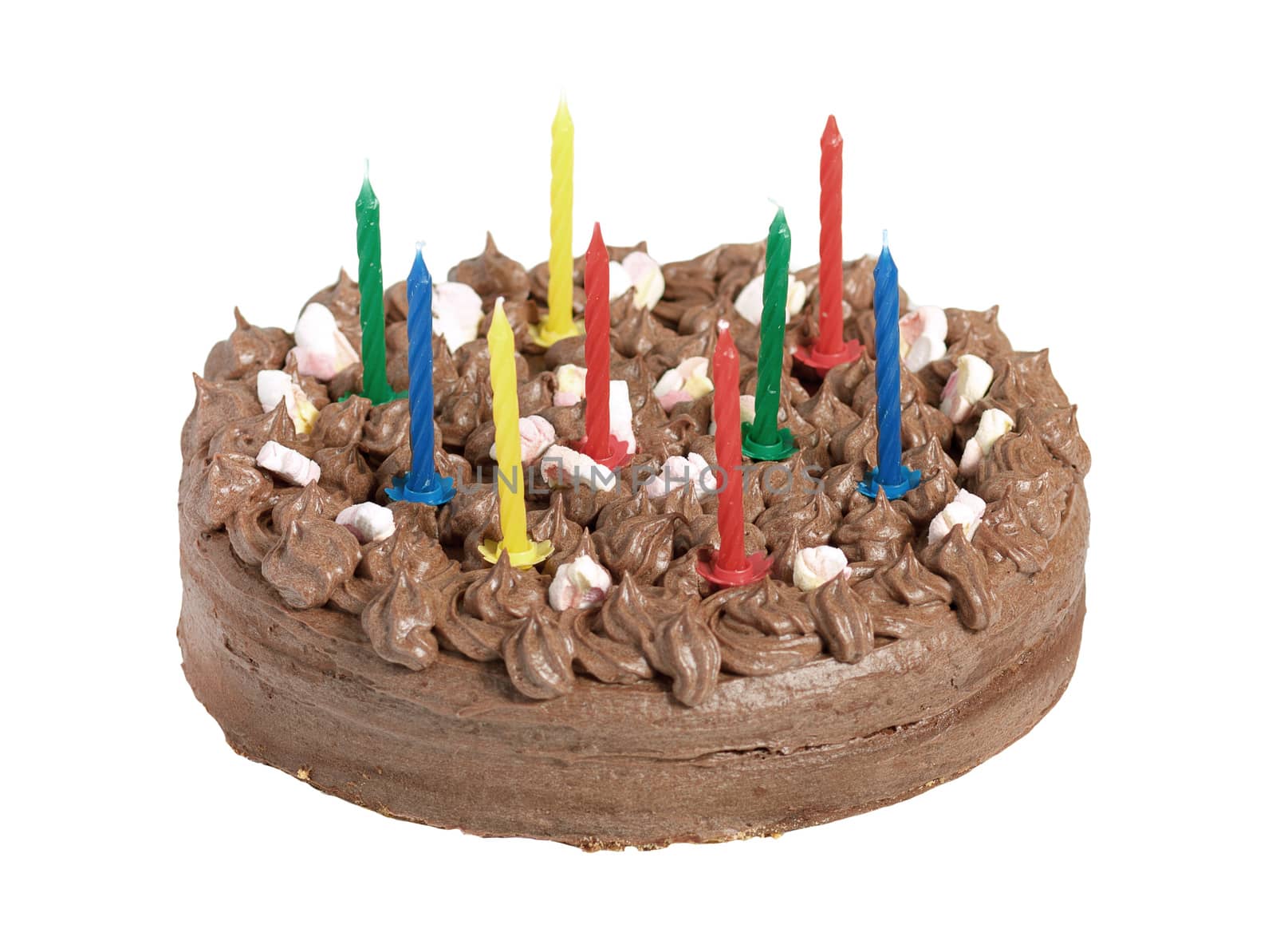 homemade birthday chocolate cake isolated on white