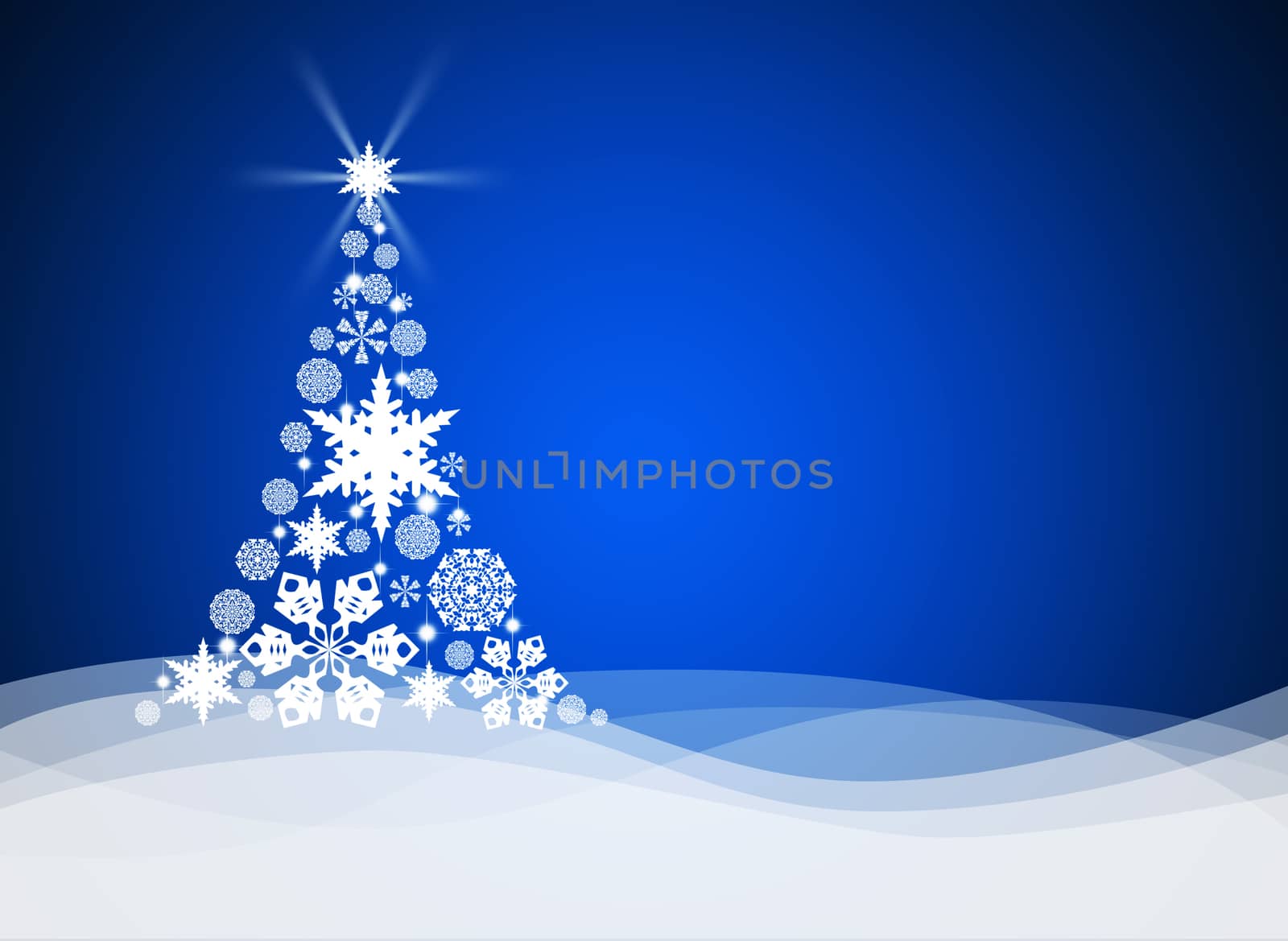 Christmas tree from white snowflakes on blue background