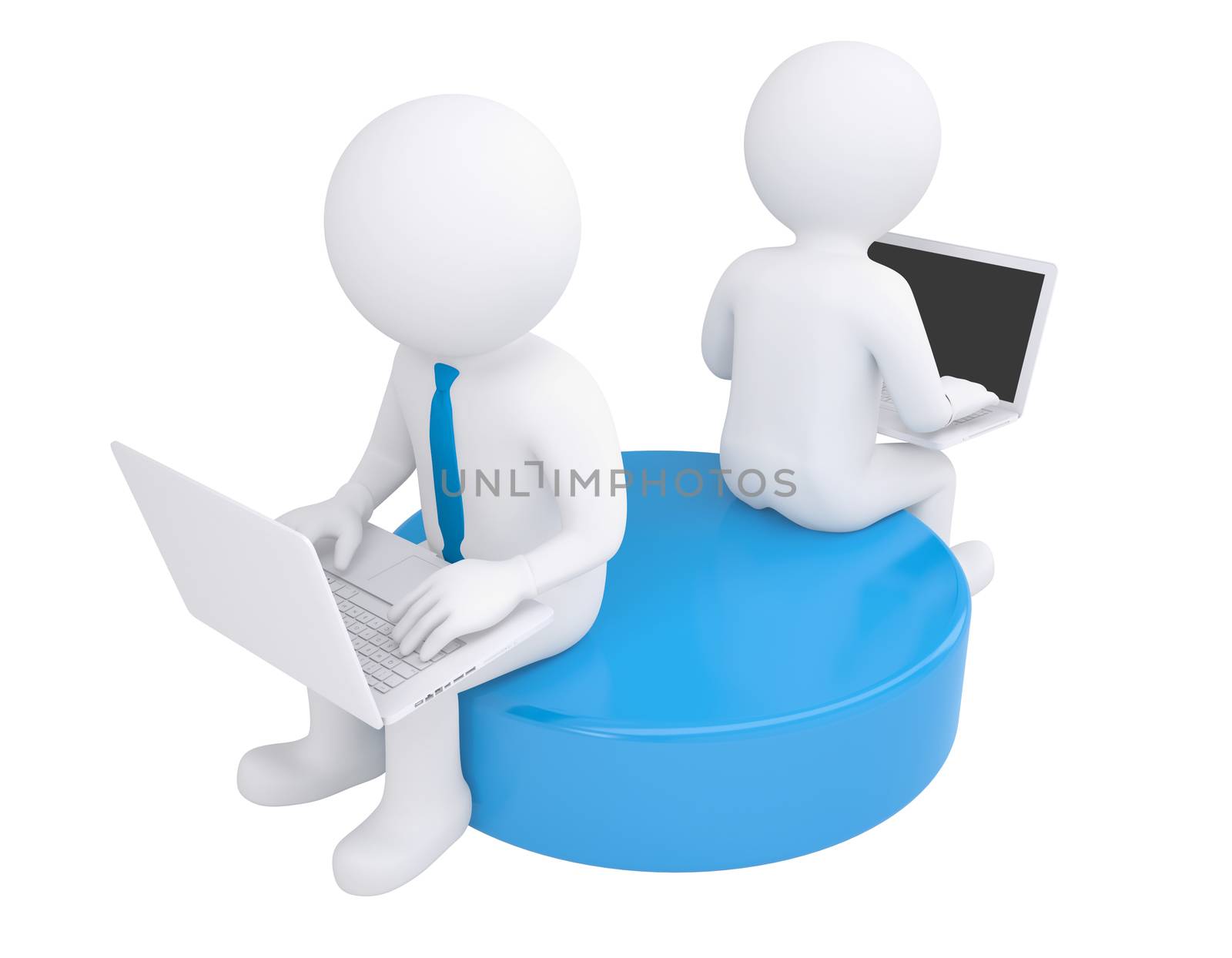 Two white 3d man sitting at laptops. Isolated render on a white background