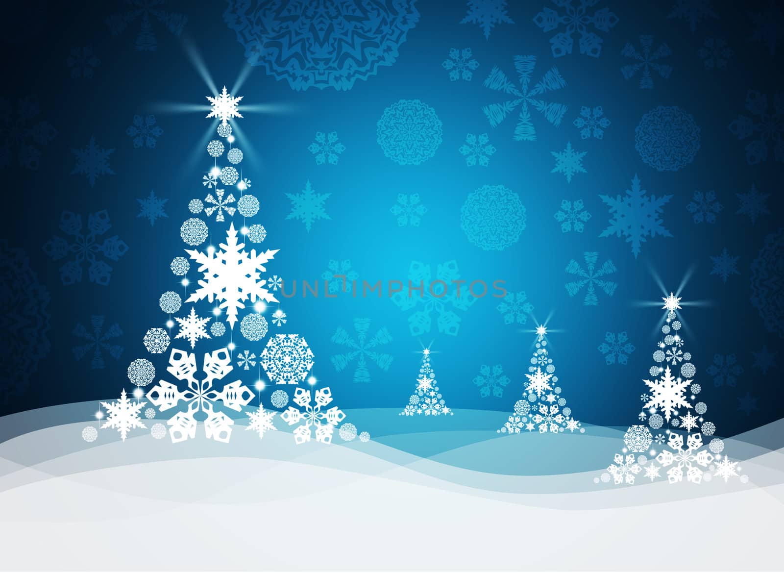 Christmas tree from white snowflakes on blue background