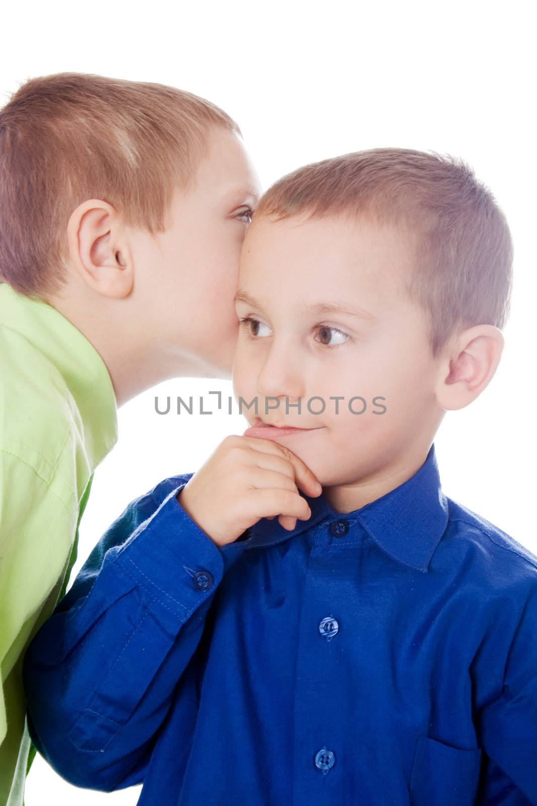 boys isolated on a white background talking to each other secrets