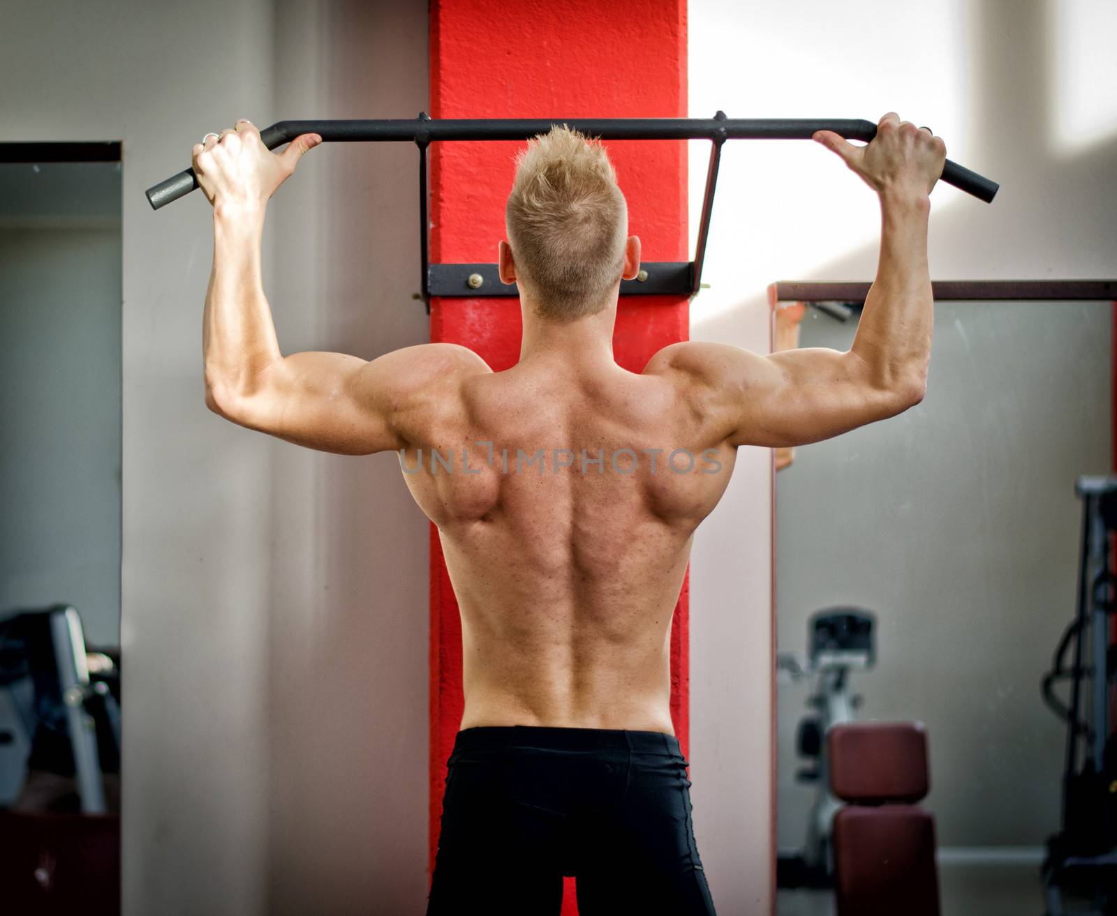 Blond, attractive young man hanging from gym equipment, seen from the back