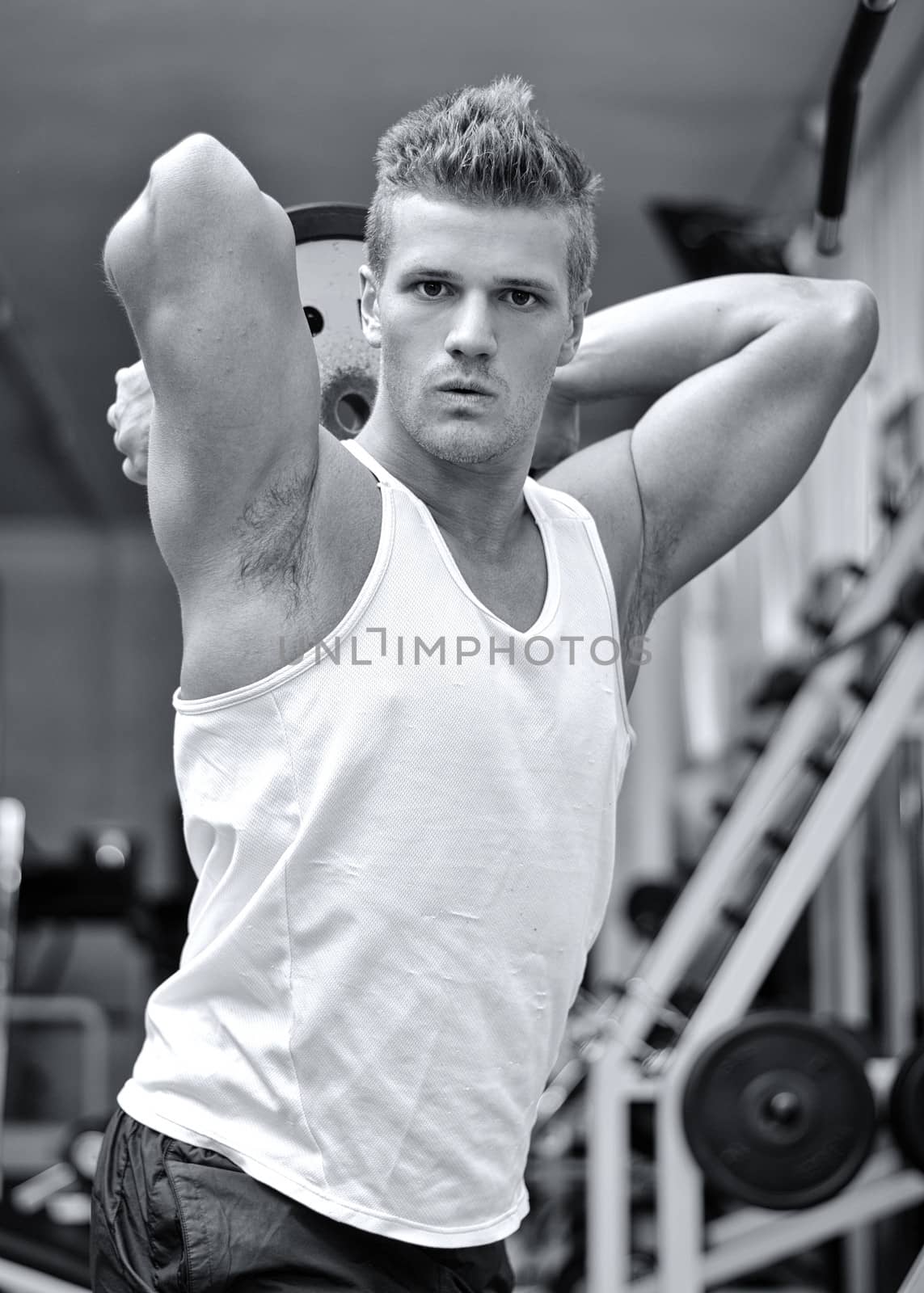 Handsome young man in gym holding and lifting  weight over his head, looking at camera