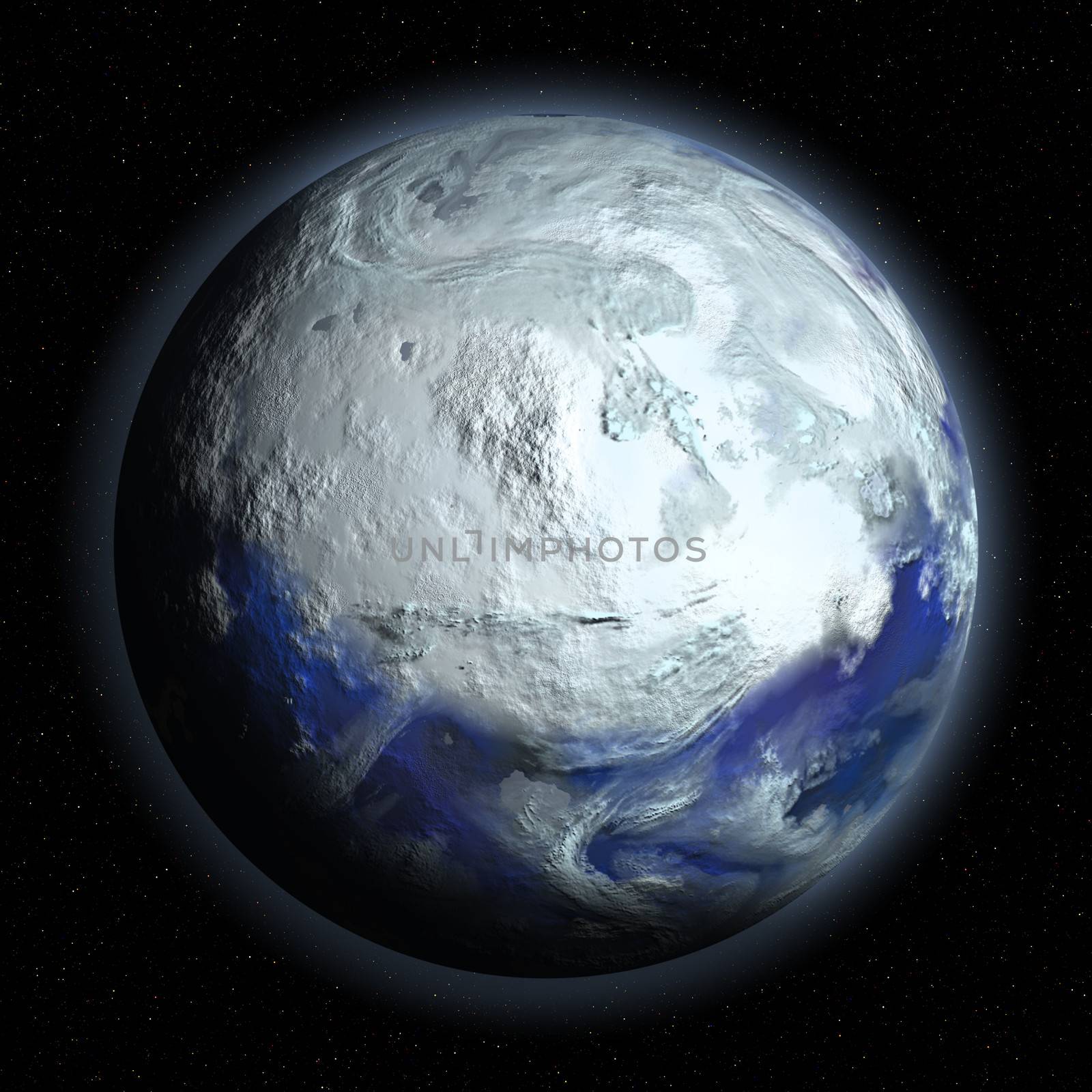 Planet Earth in Glacial Period on universe background
