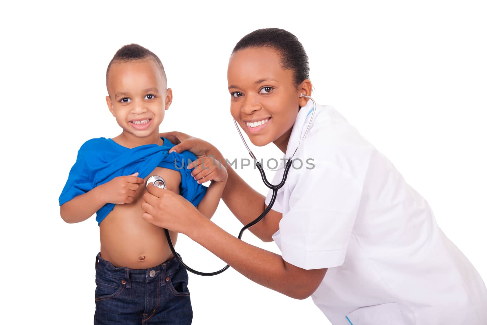 African american woman doctor with child isolated