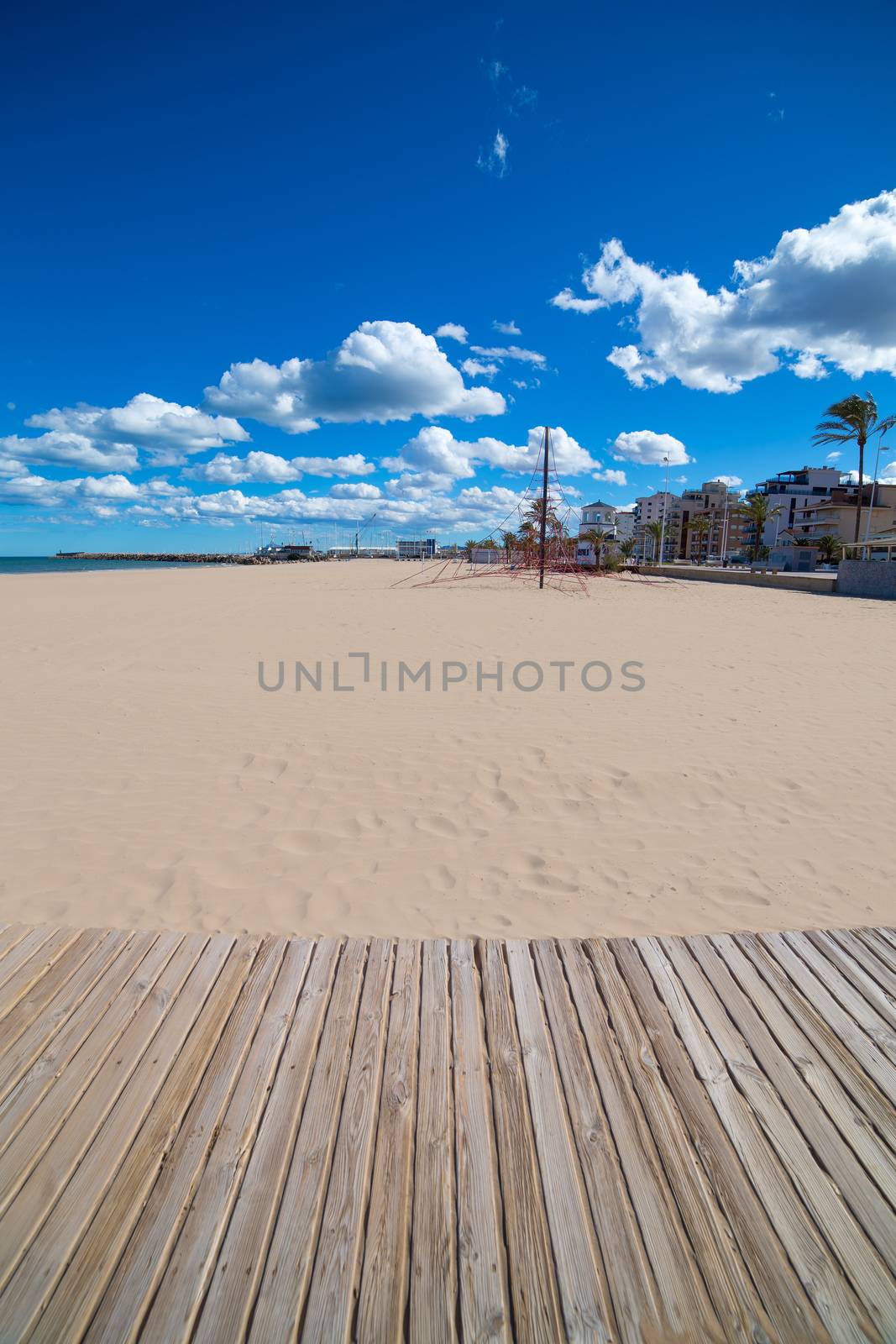 Gandia Beach sand in Mediterranean Sea of Spain at Valencian Community