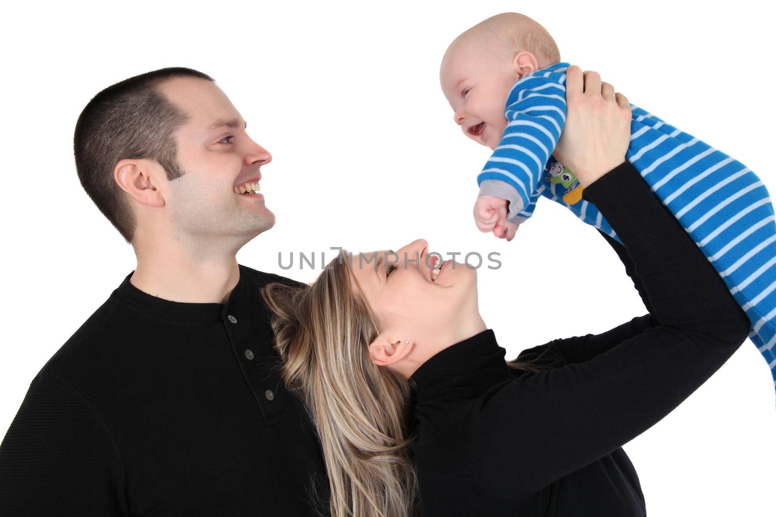 Baby boy and his parents against white background