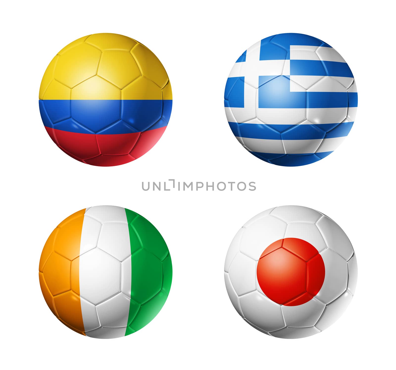 3D soccer balls with group C teams flags, Football world cup Brazil 2014. isolated on white