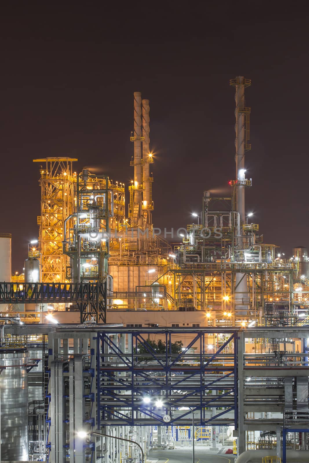 Night scene of Lighting reflection in Chemical industrial plant